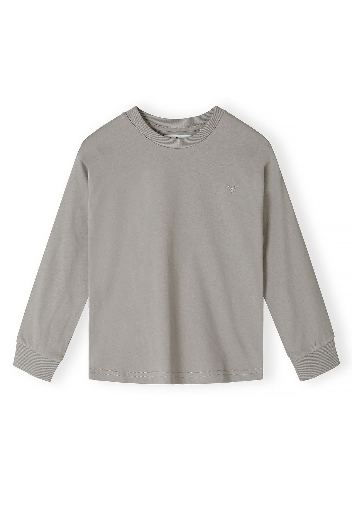 Front of light grey long-sleeved top with crew neck, ribbed cuffs and subtle stag embroidery.