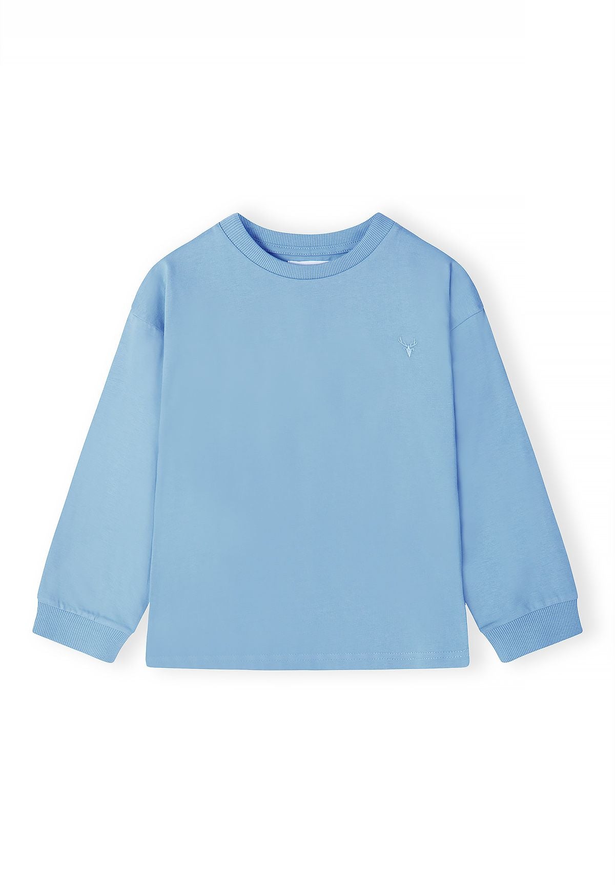Front of light blue long-sleeved top with ribbed cuffs and small tonal stag embroidery.