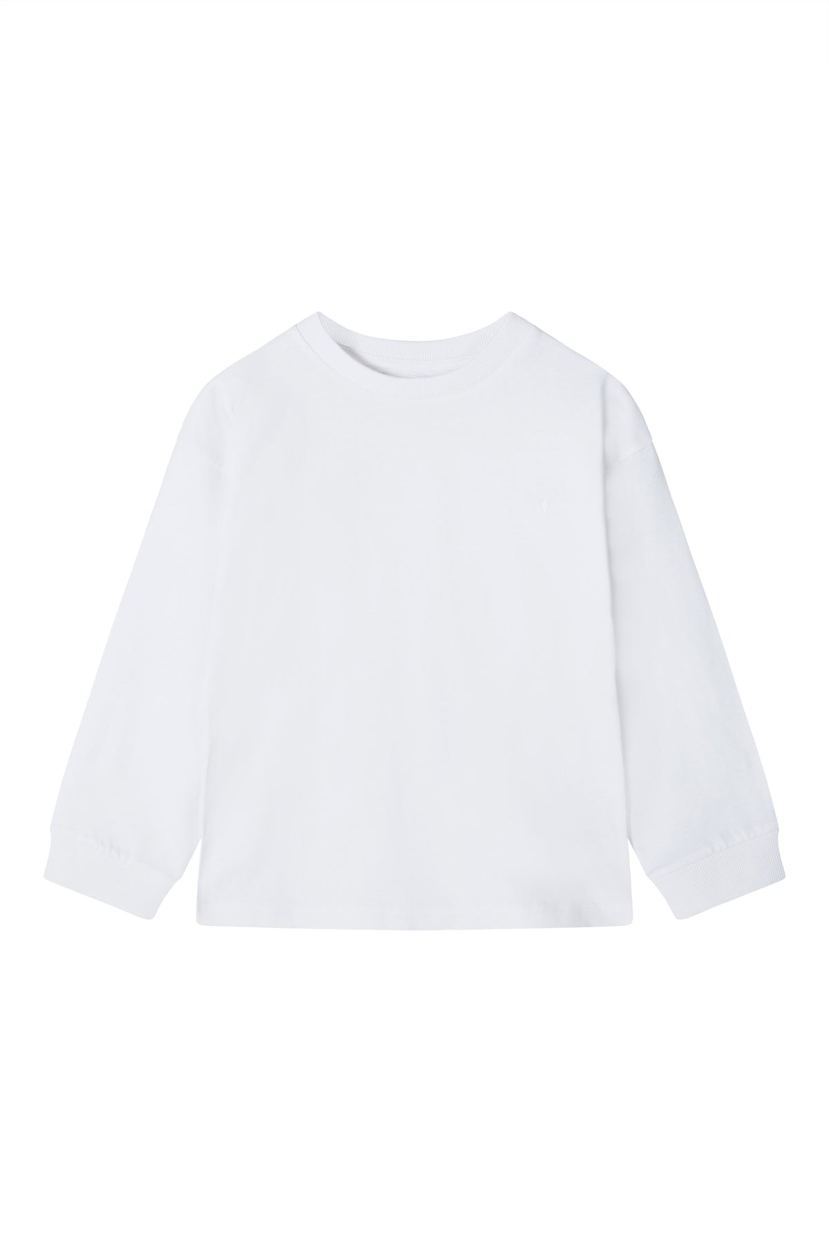 Front of plain white long-sleeved crew-neck top with ribbed cuffs.