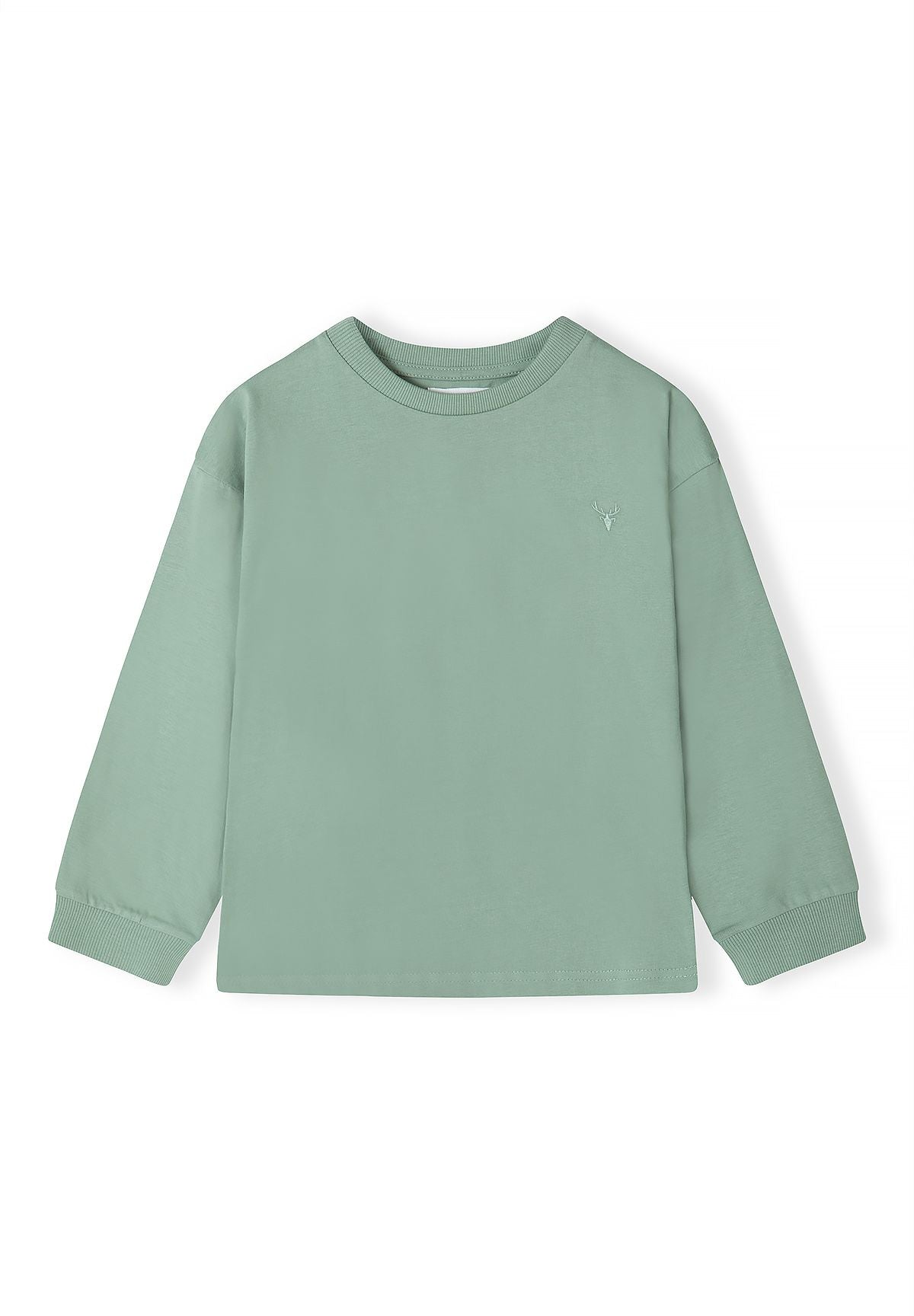 Front of sage green long-sleeved top with ribbed crew neck and tiny stag chest embroidery.