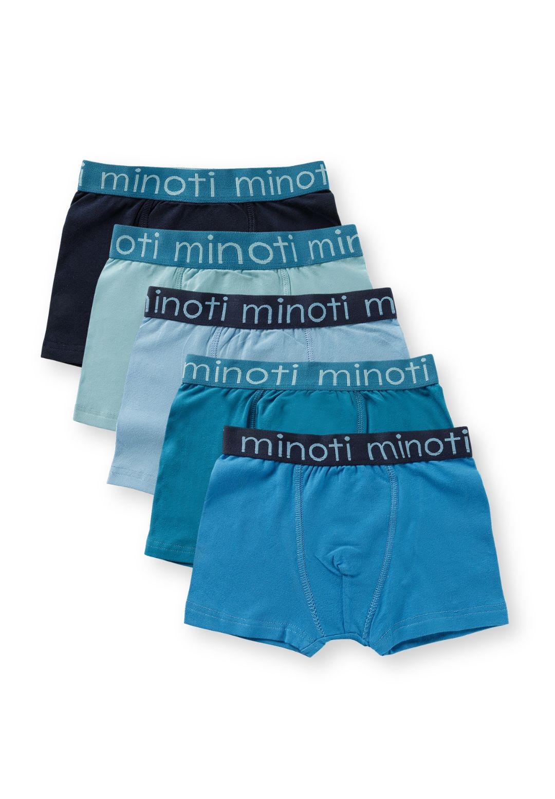 Five boys' boxer shorts in navy, pale blue, aqua, teal and bright blue with MINOTI logo waistbands.