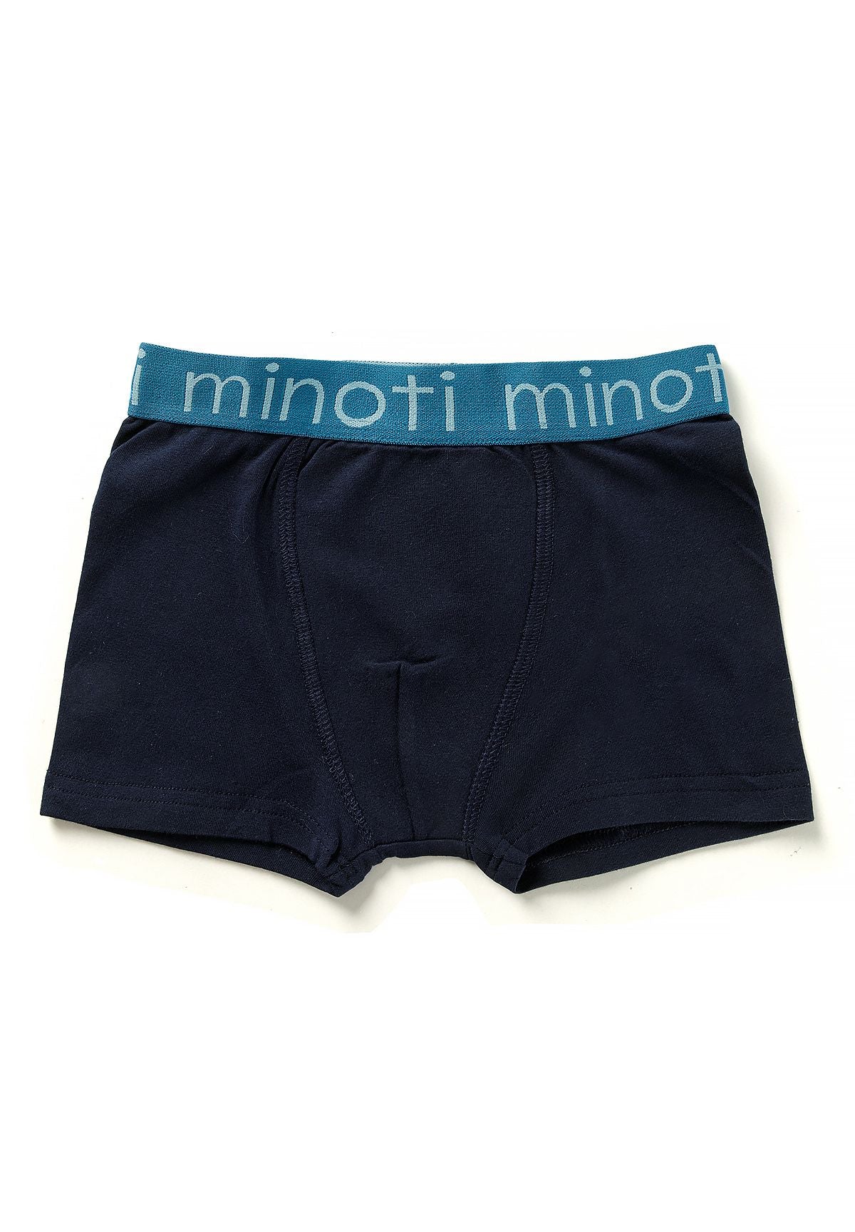 Navy boxer shorts with teal MINOTI logo waistband and short fitted legs.