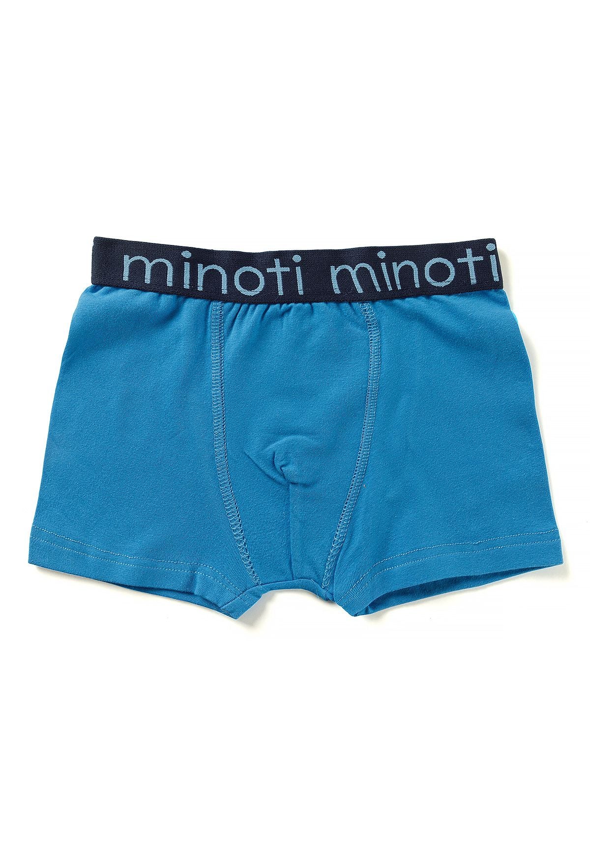 Bright blue boxer shorts with navy elastic MINOTI waistband and curved front seams.