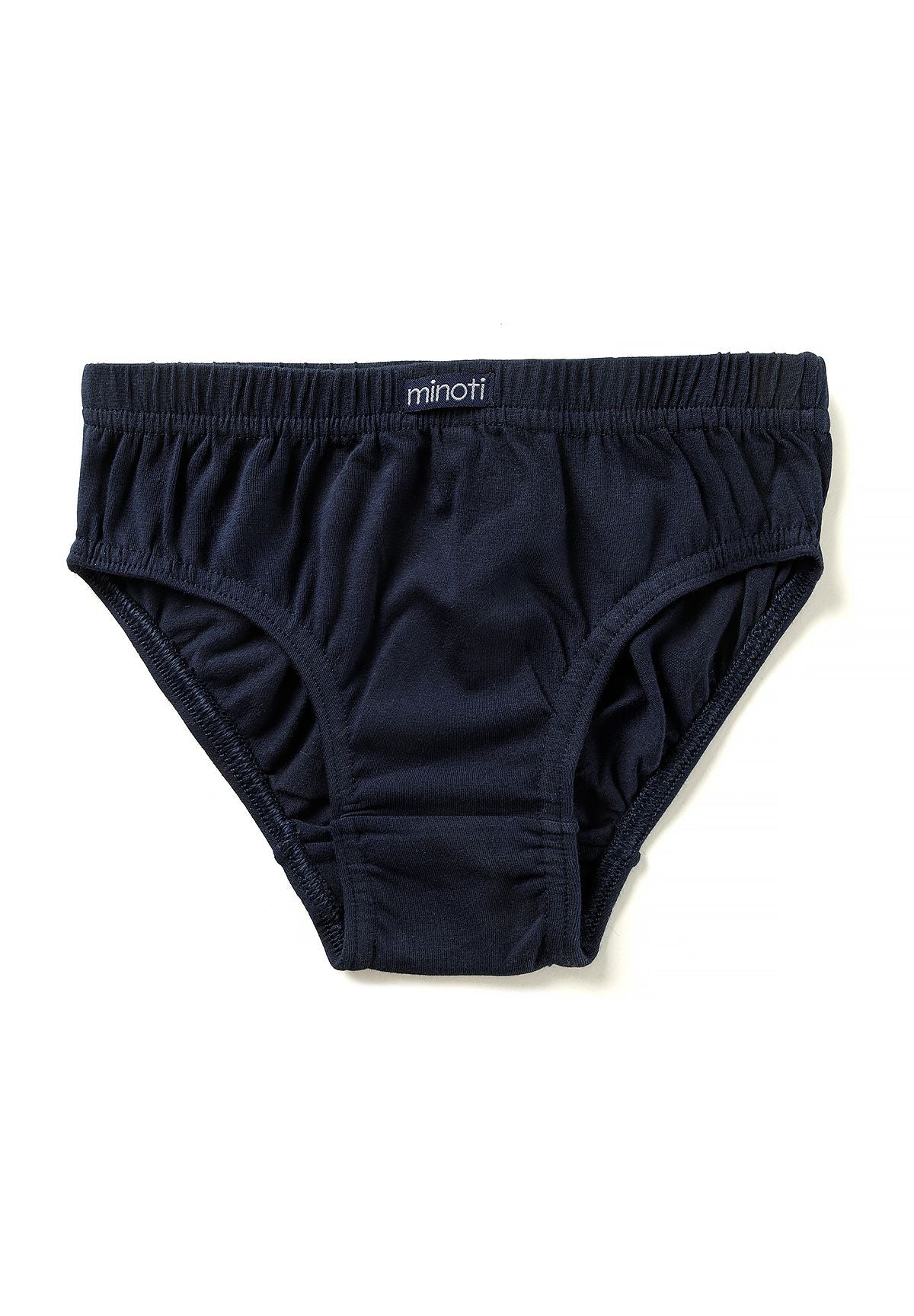 Navy boys' briefs with gathered waist, shaped front panel and MINOTI label.