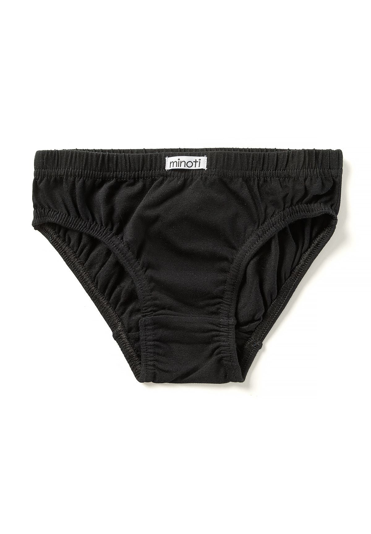 Plain black boys' briefs with gathered elastic waistband and central MINOTI label.