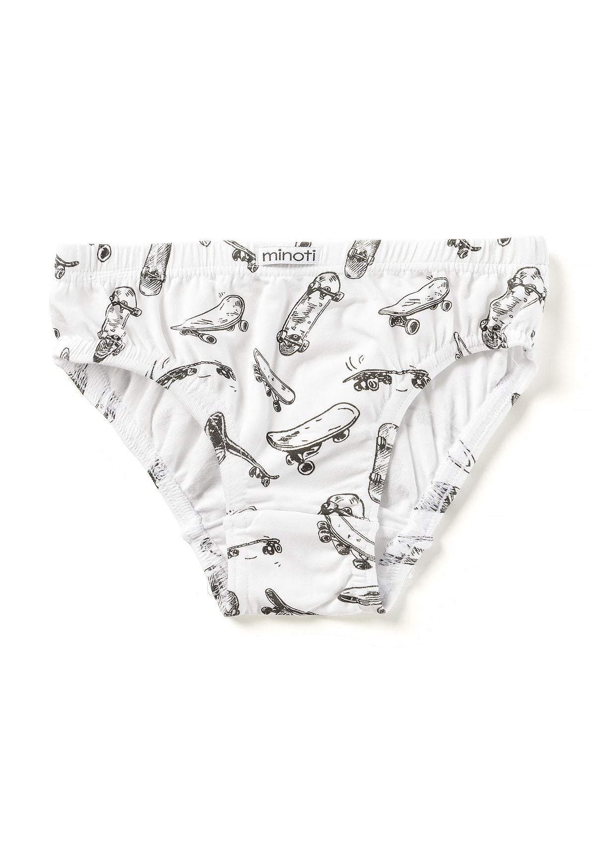 White boys' briefs covered in black skateboard drawings with elasticated waist.