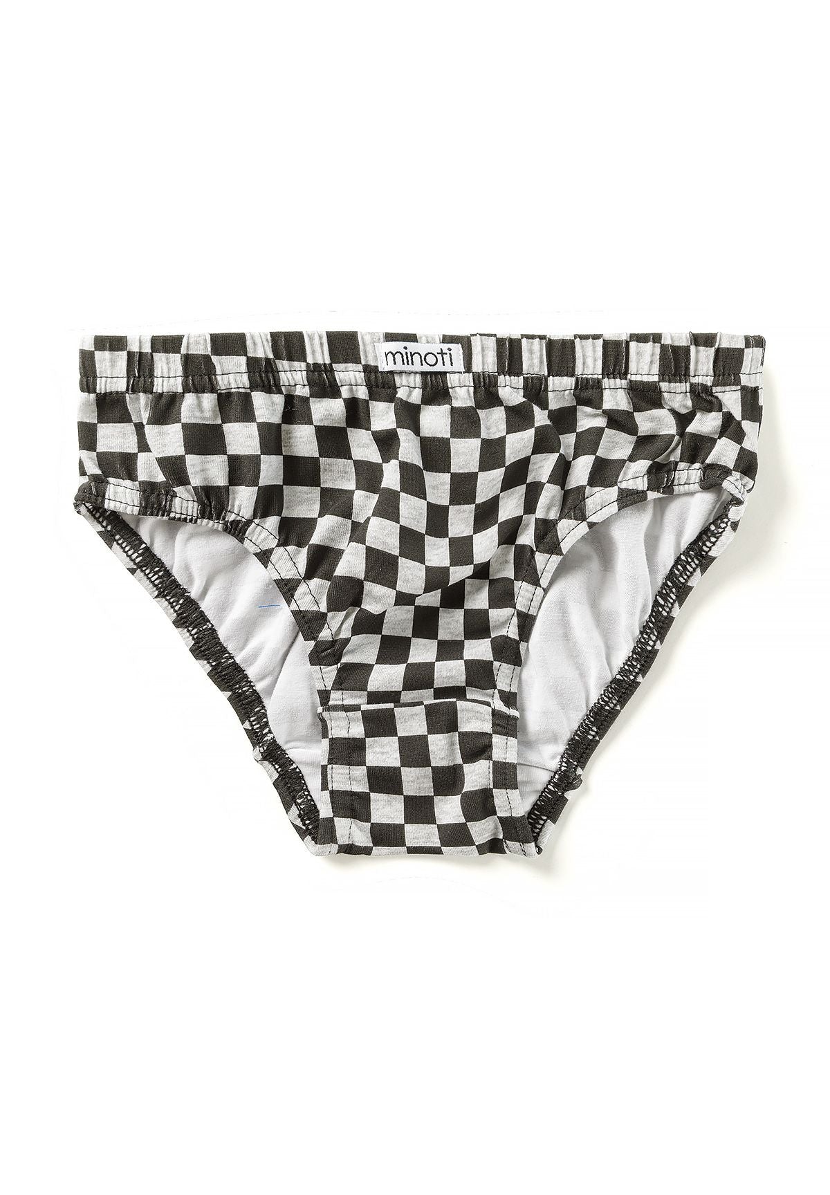 Black-and-white checkerboard boys' briefs with elastic waist and MINOTI label.