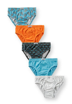 Five boys' briefs in grey, aqua and orange, including pizza and game-controller prints.