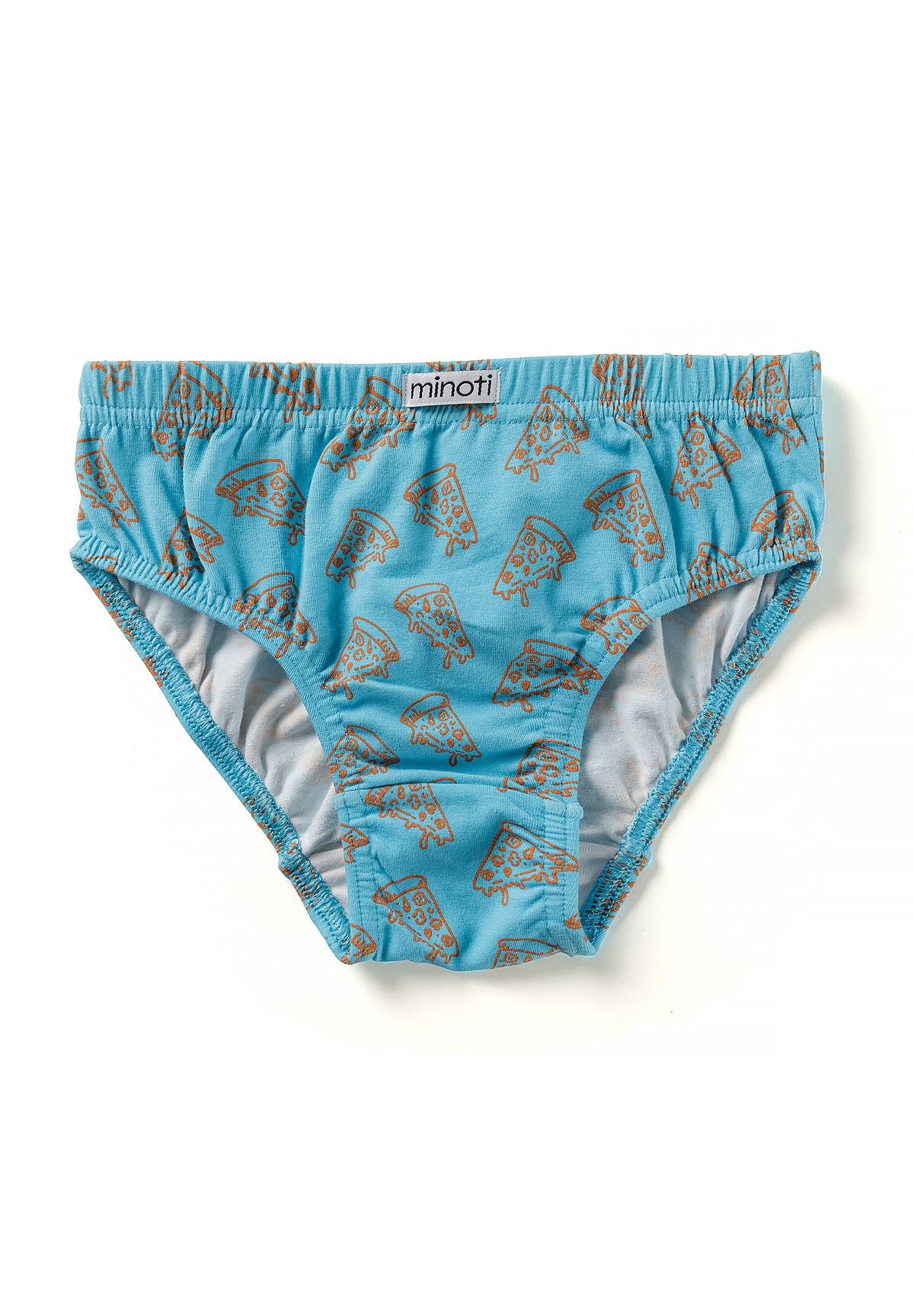 Turquoise boys' briefs printed with orange-outline pizza slices.