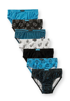 Seven boys' briefs in turquoise, black and white with footballs, sports drawings and blue stripes.