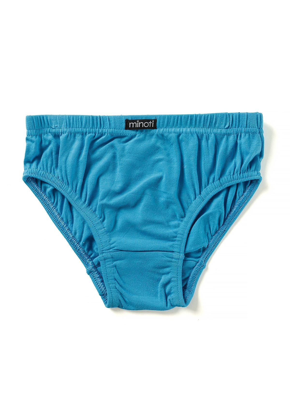 Plain turquoise boys' briefs with gathered waist and small black MINOTI label.