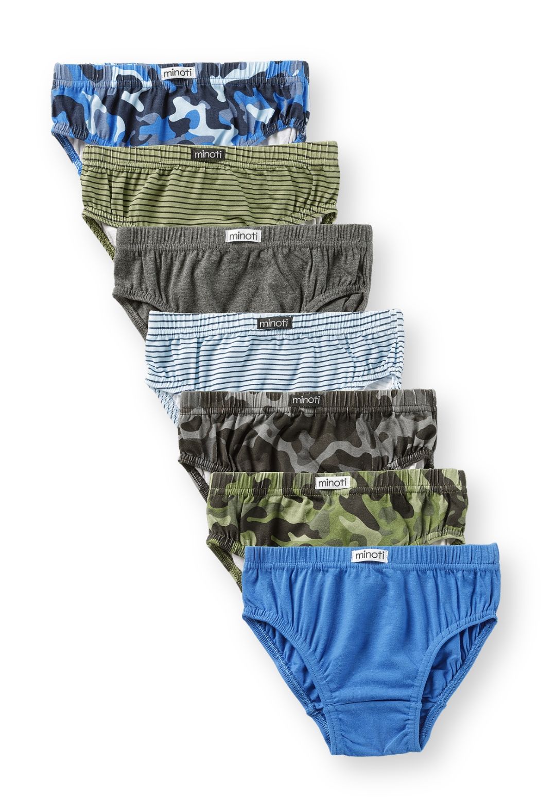 Seven boys' briefs: blue and grey camouflage, green camouflage, navy and olive stripes, blue and grey marl.