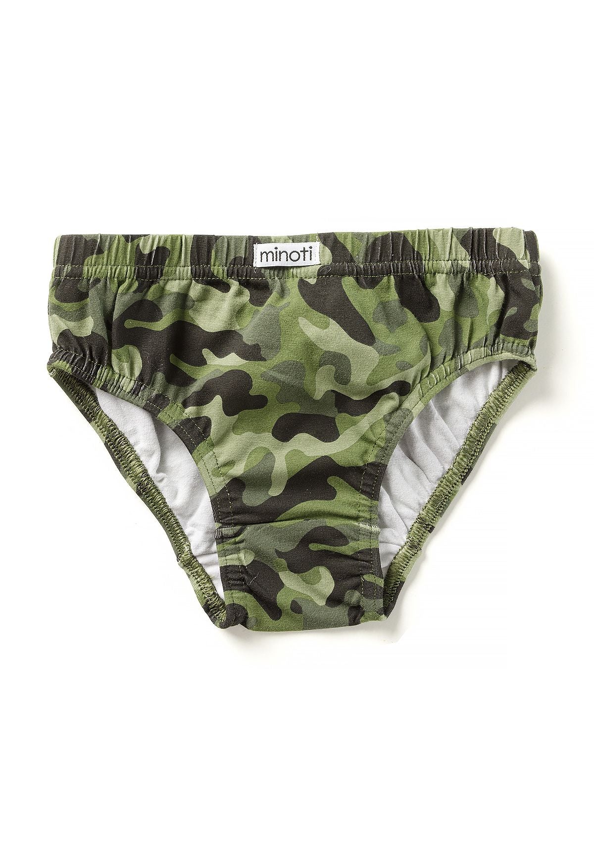 Boys' briefs in olive, light green and black camouflage with white inner leg panels.