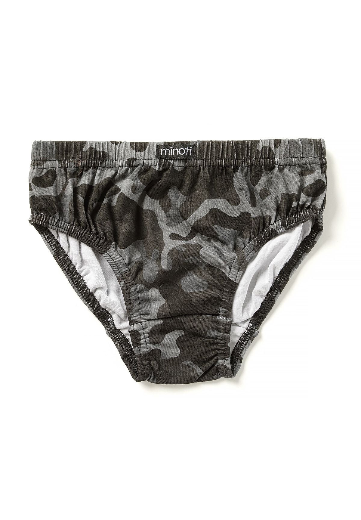 Dark grey and charcoal camouflage boys' briefs with elastic waist and white inner leg panels.