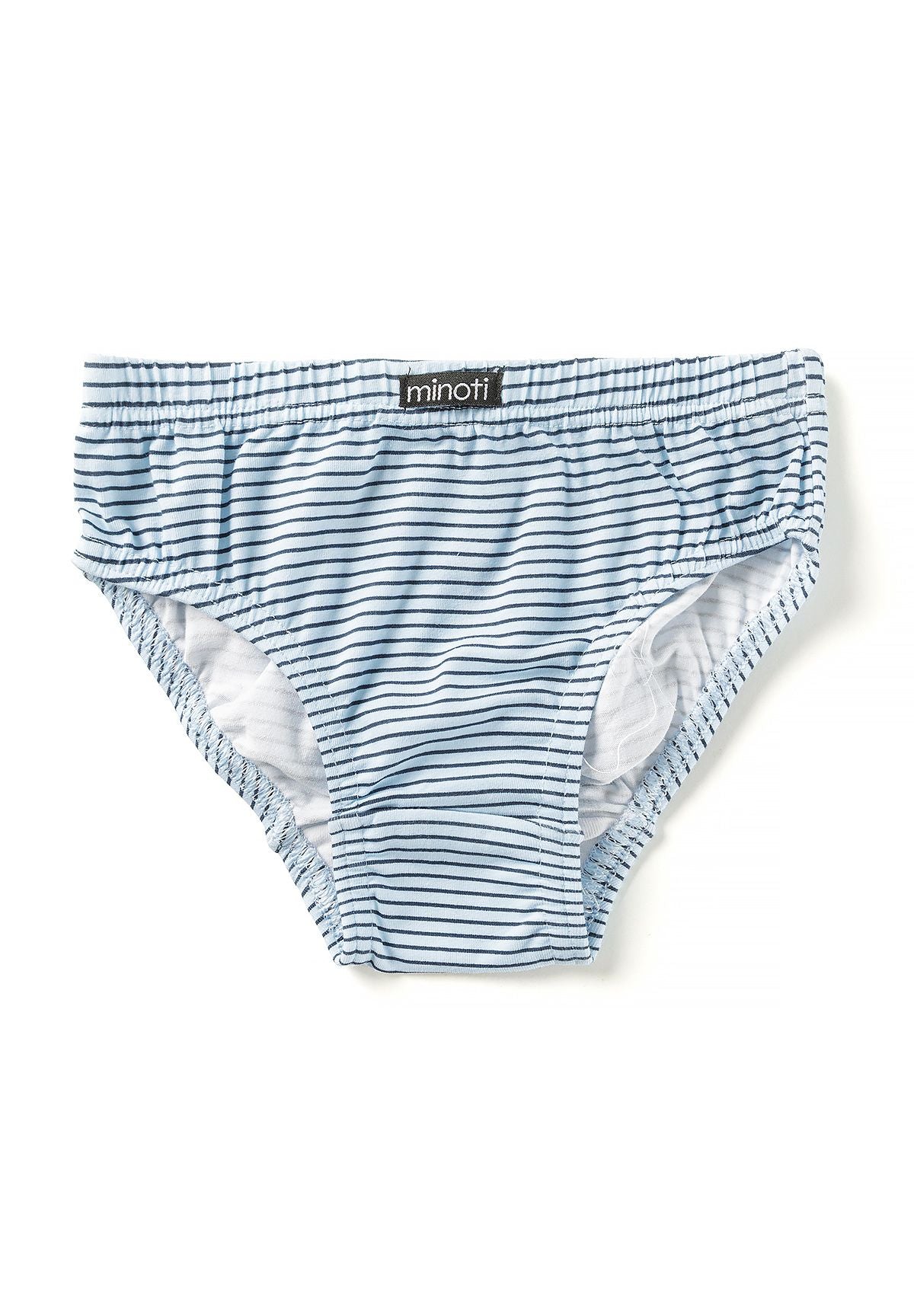Pale blue boys' briefs with fine navy horizontal stripes and a small Minoti waistband label.