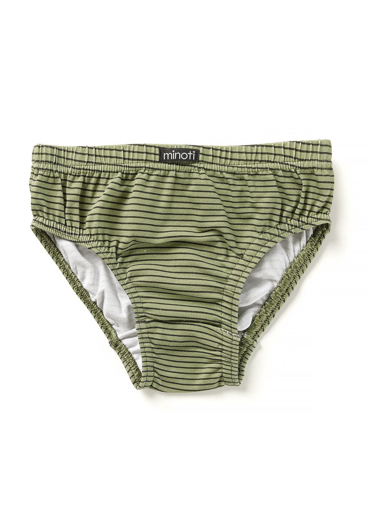 Olive green boys' briefs with fine black horizontal stripes and an elasticated waist.