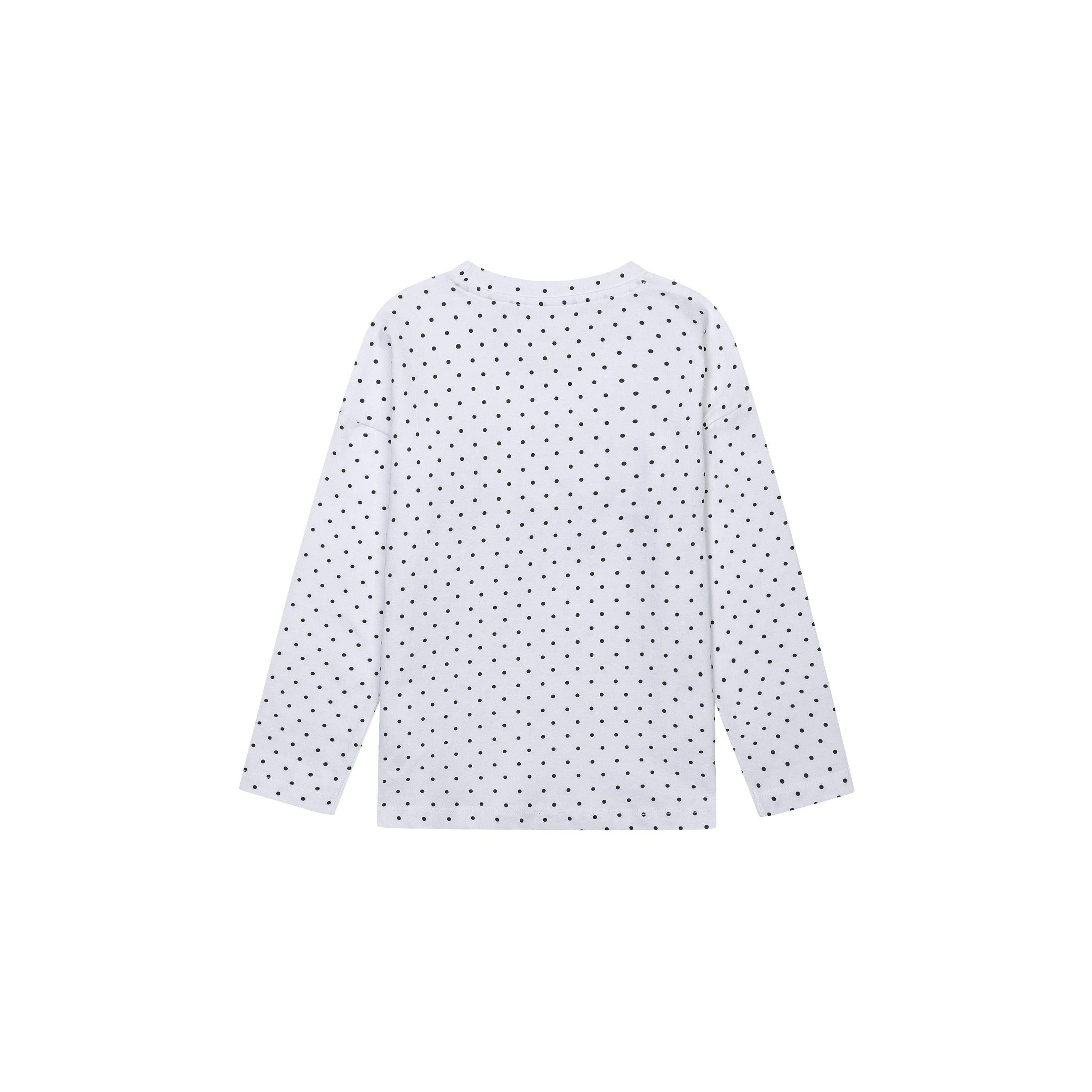 Back view of white long sleeve top with navy polka dot pattern laid flat on white background
