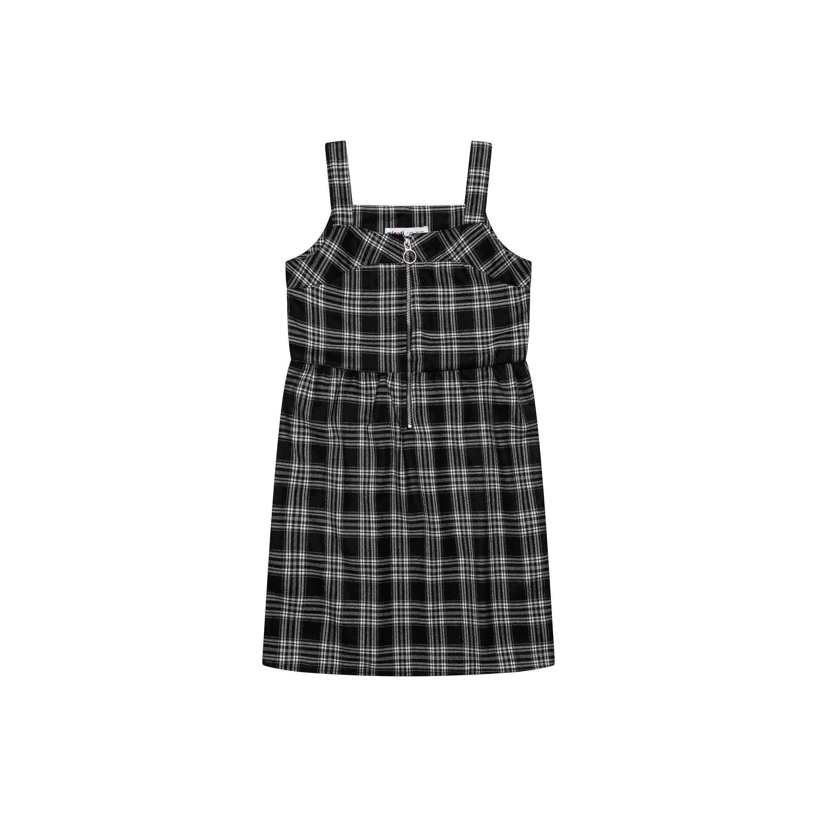 Black checked dress with square neckline and chunky straps on white background, front view