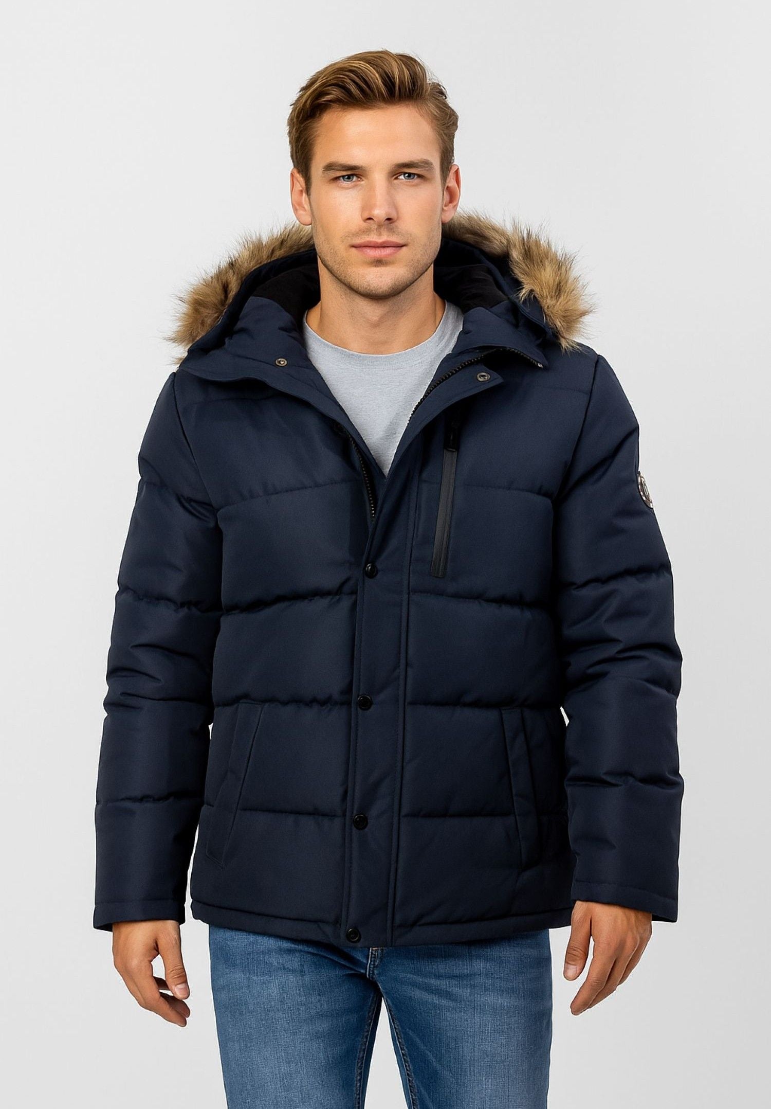 Quilted Puffer Jacket, Faux Fur Hood, Navy - 1