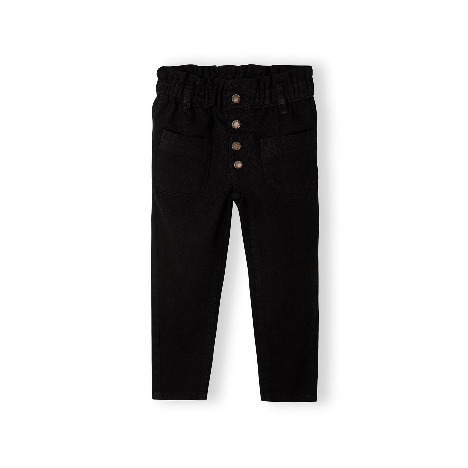 Black denim jeans laid flat showing back view with elasticated waistband and back pockets on white background