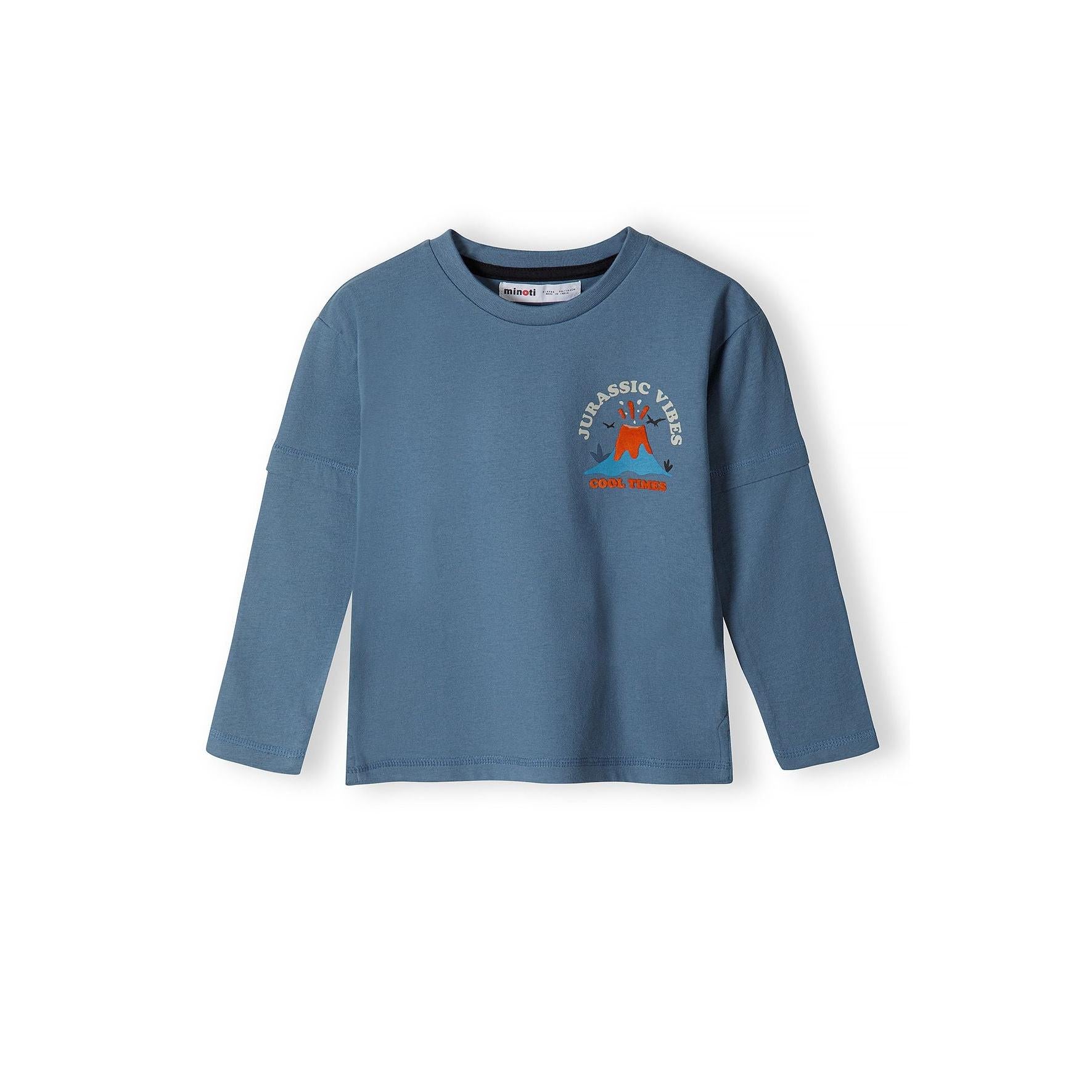 Flat lay of navy long sleeve t-shirt showing back view with large Jurassic Vibes volcano print and Cool Times text on white background