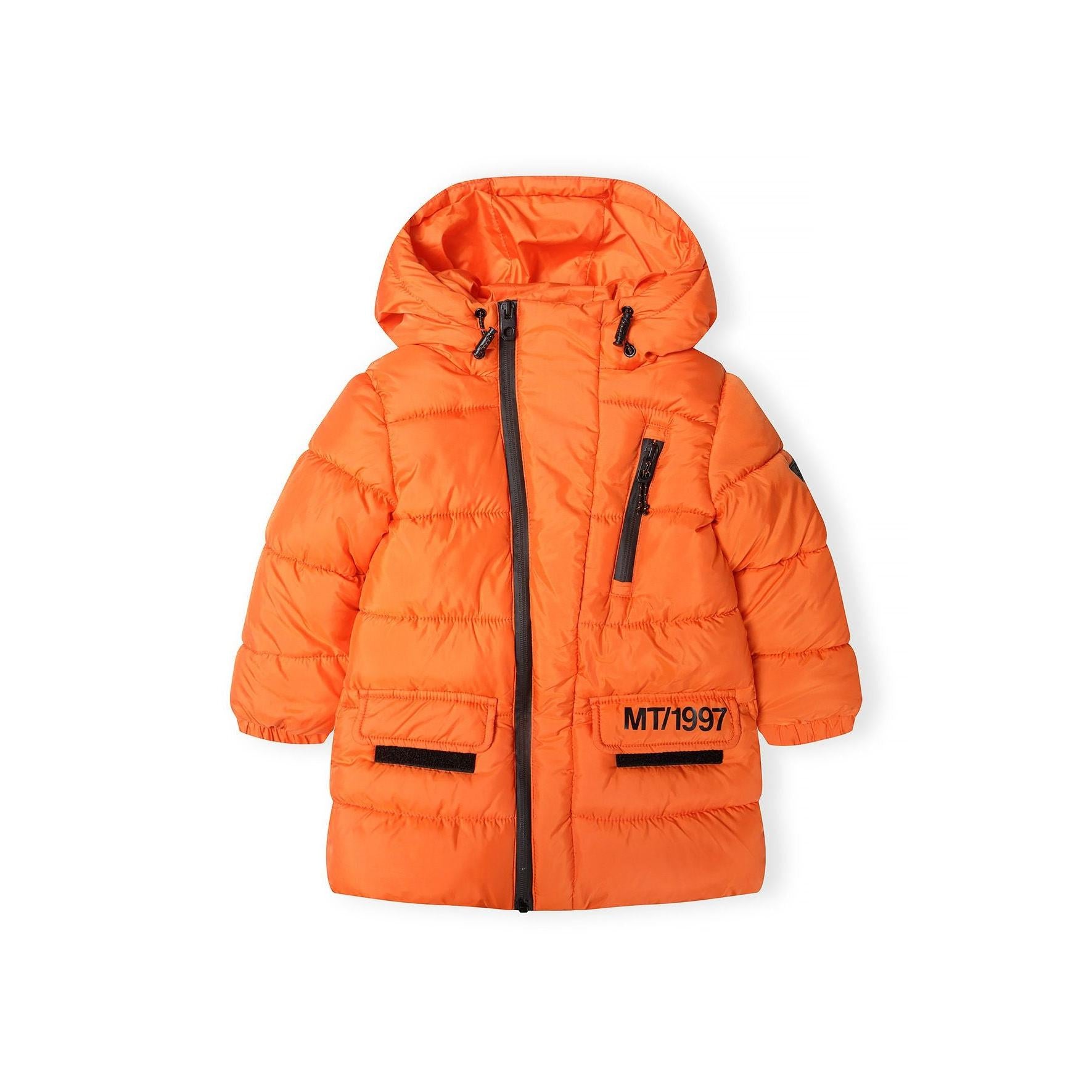 Back view of bright orange quilted padded jacket showing hood detail and overall construction against white background