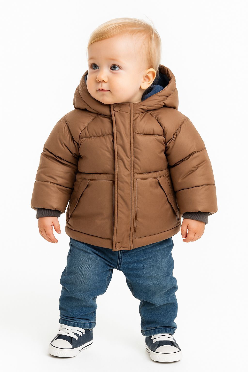 Quilted Puffer Jacket, Hooded, Brown - 1