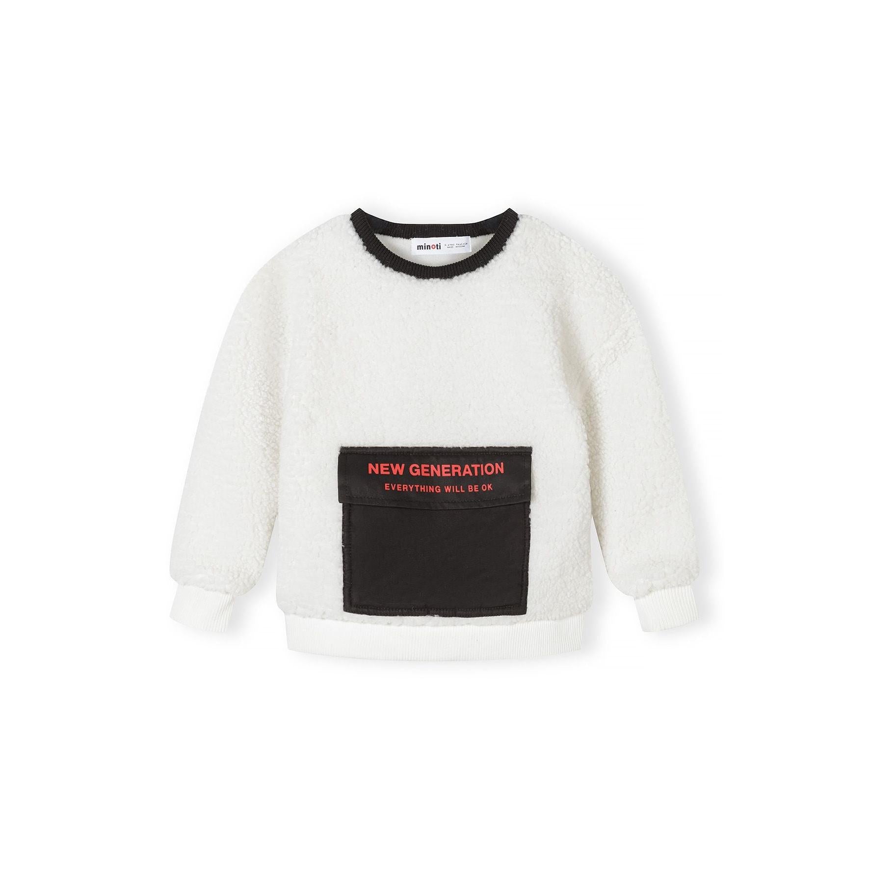 Back view of cream borg sweatshirt showing soft sherpa fleece texture and ribbed black crew neck trim on white background