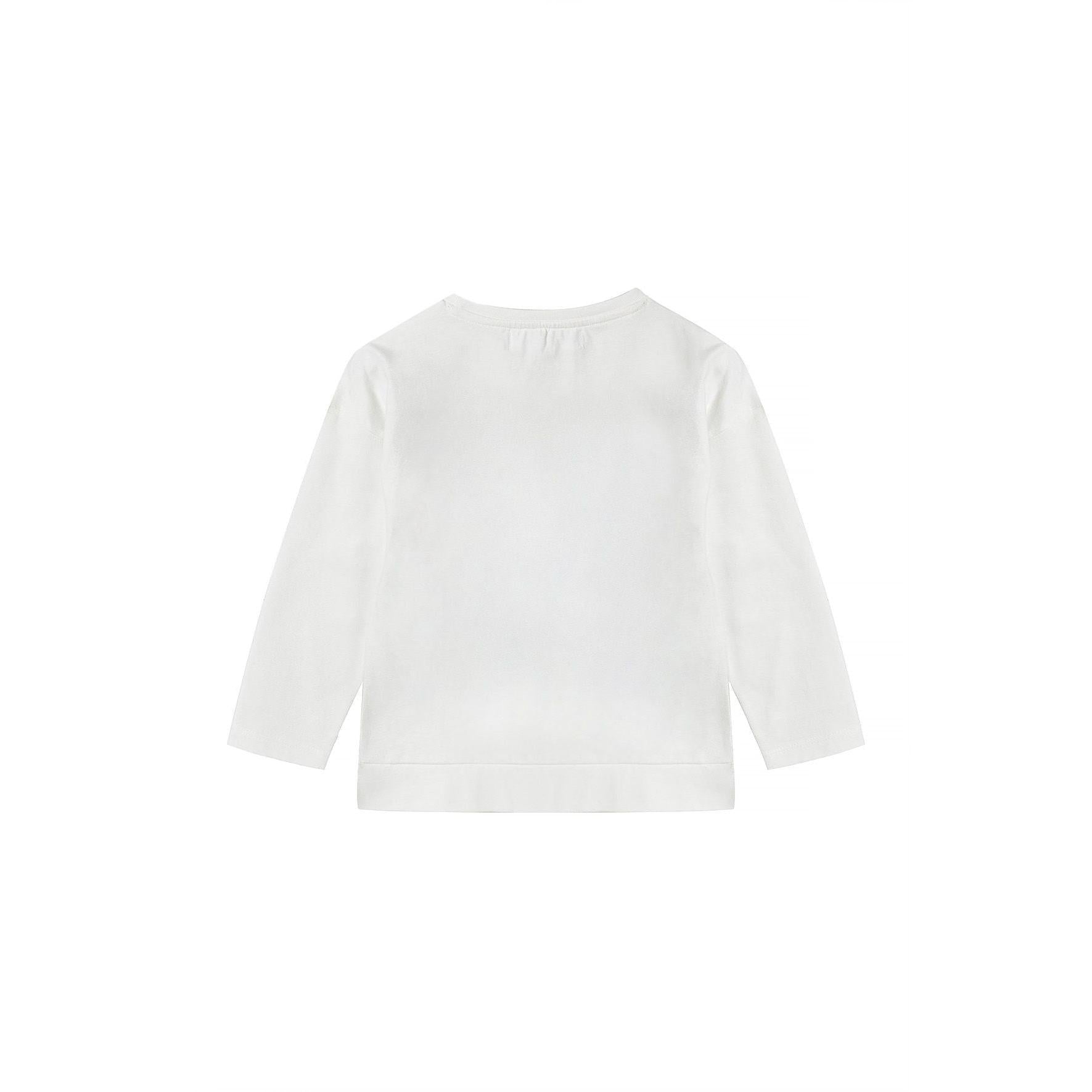 Back view of cream long sleeve jersey t-shirt laid flat showing plain design and crew neckline on white background