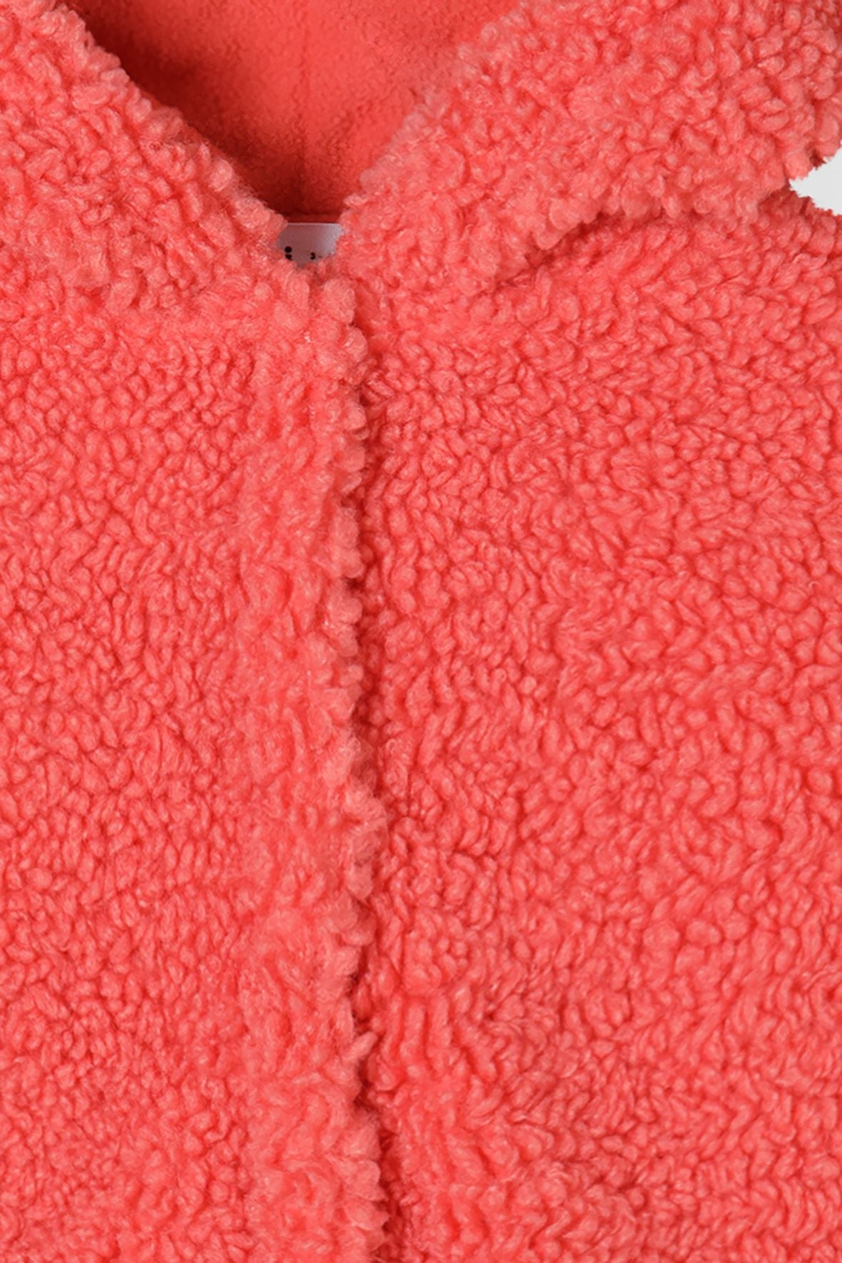 Close-up of coral teddy jacket showing dense curly pile and smooth hood lining.