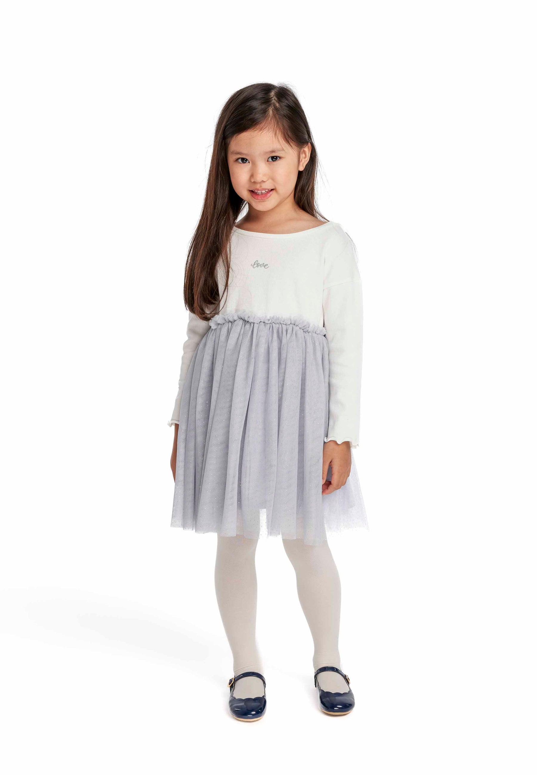 Long Sleeve Dress, Glitter Love, Cream Grey Mesh - 1