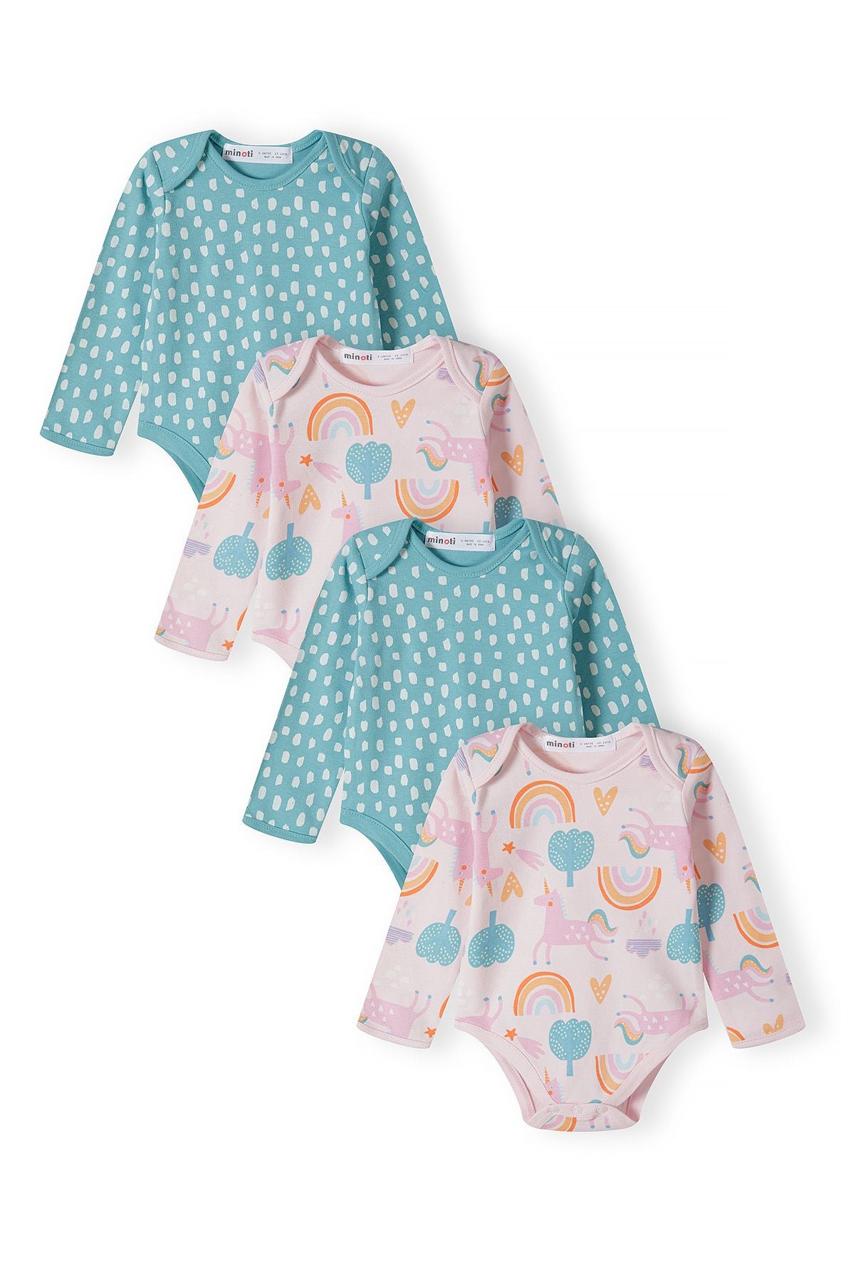 Long Sleeve Bodysuits 4-Pack, Rainbow Unicorn Print, Pink Teal - 1