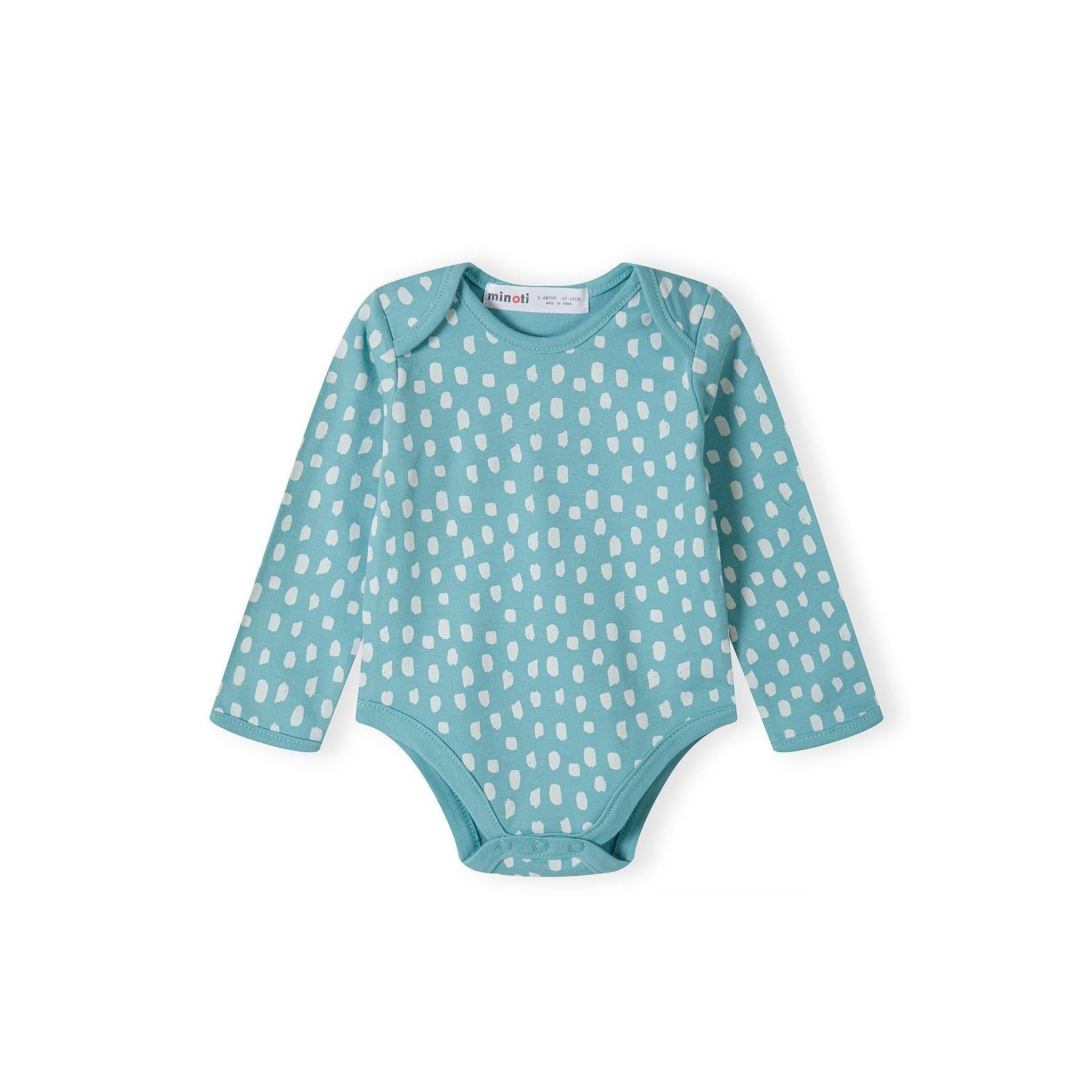 Single light pink bodysuit with whimsical print featuring rainbows, unicorns, trees and hearts on white background