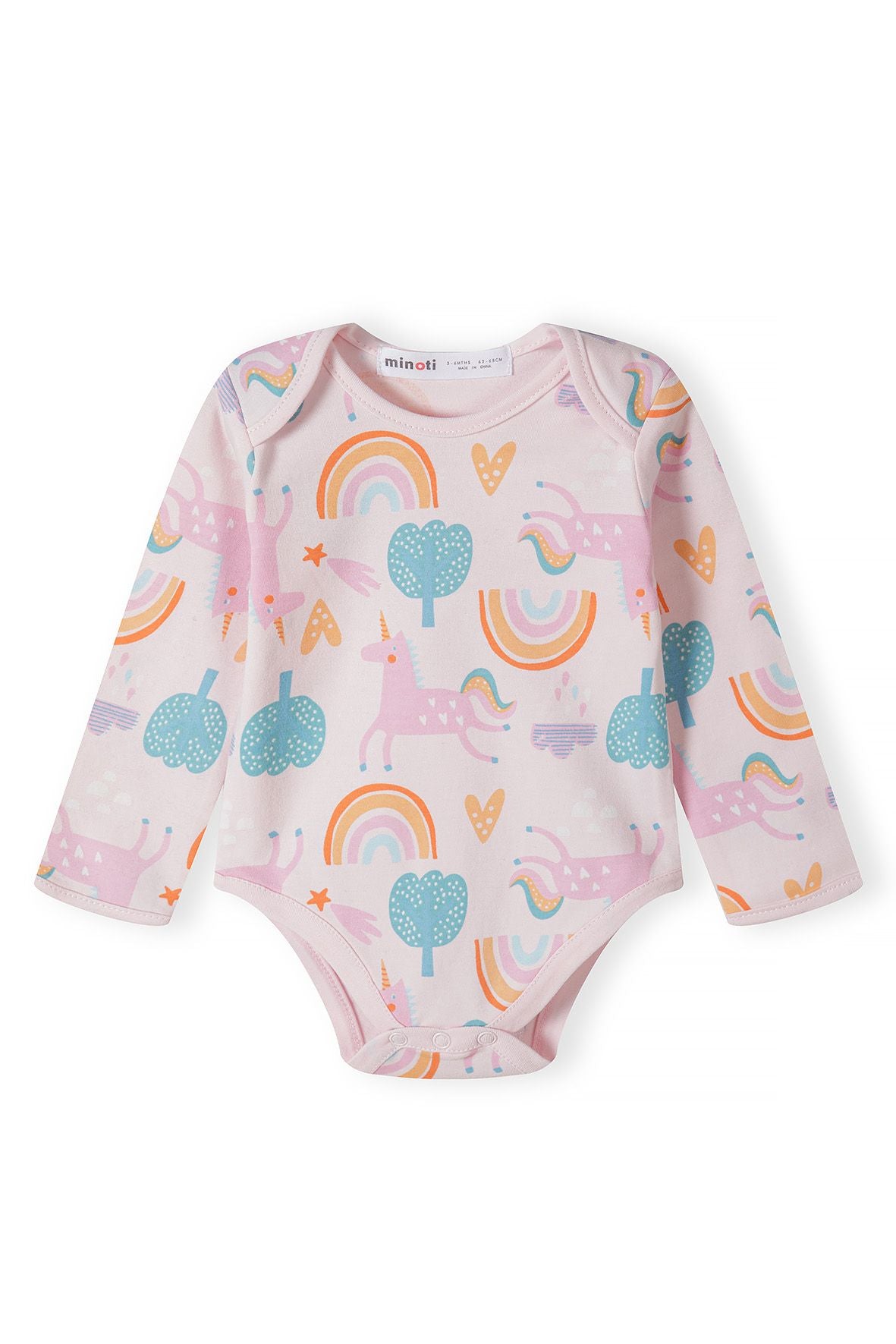 Teal and light pink long-sleeved bodysuits, pink unicorn front.