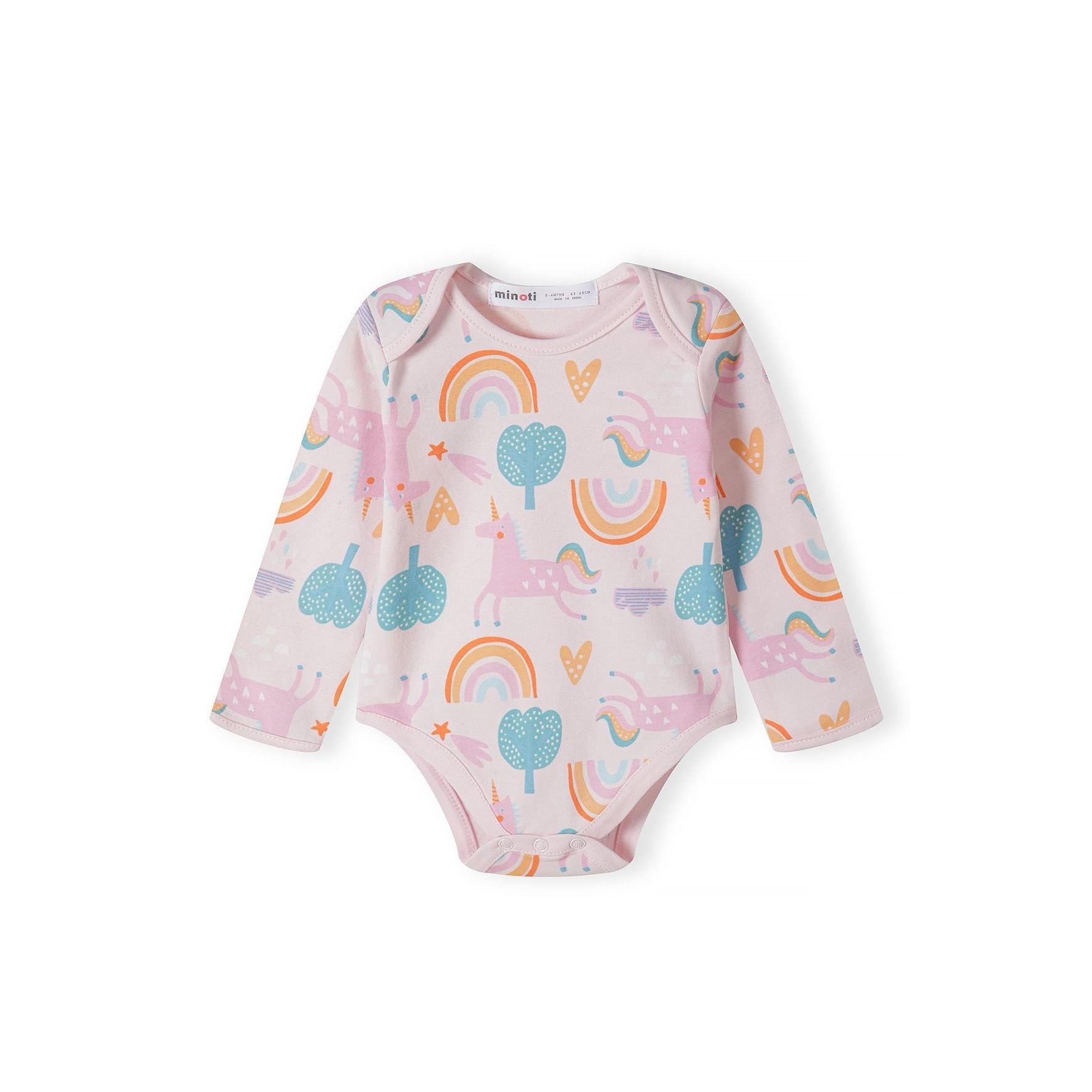Single light pink bodysuit with whimsical print featuring rainbows, unicorns, trees and hearts on white background