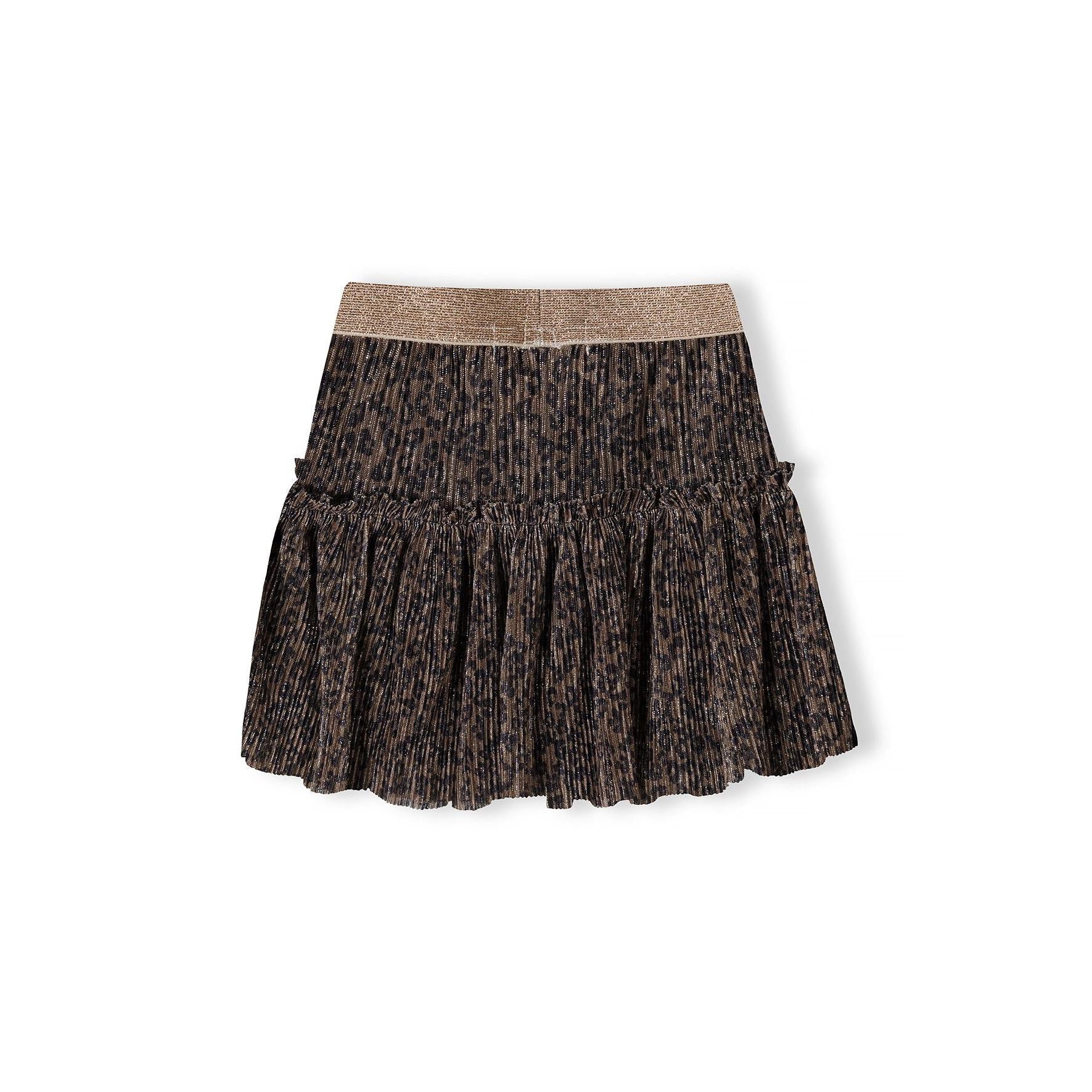 Brown sparkly pleated party skirt laid flat showing tiered ruffle design and elastic glitter waistband against white background