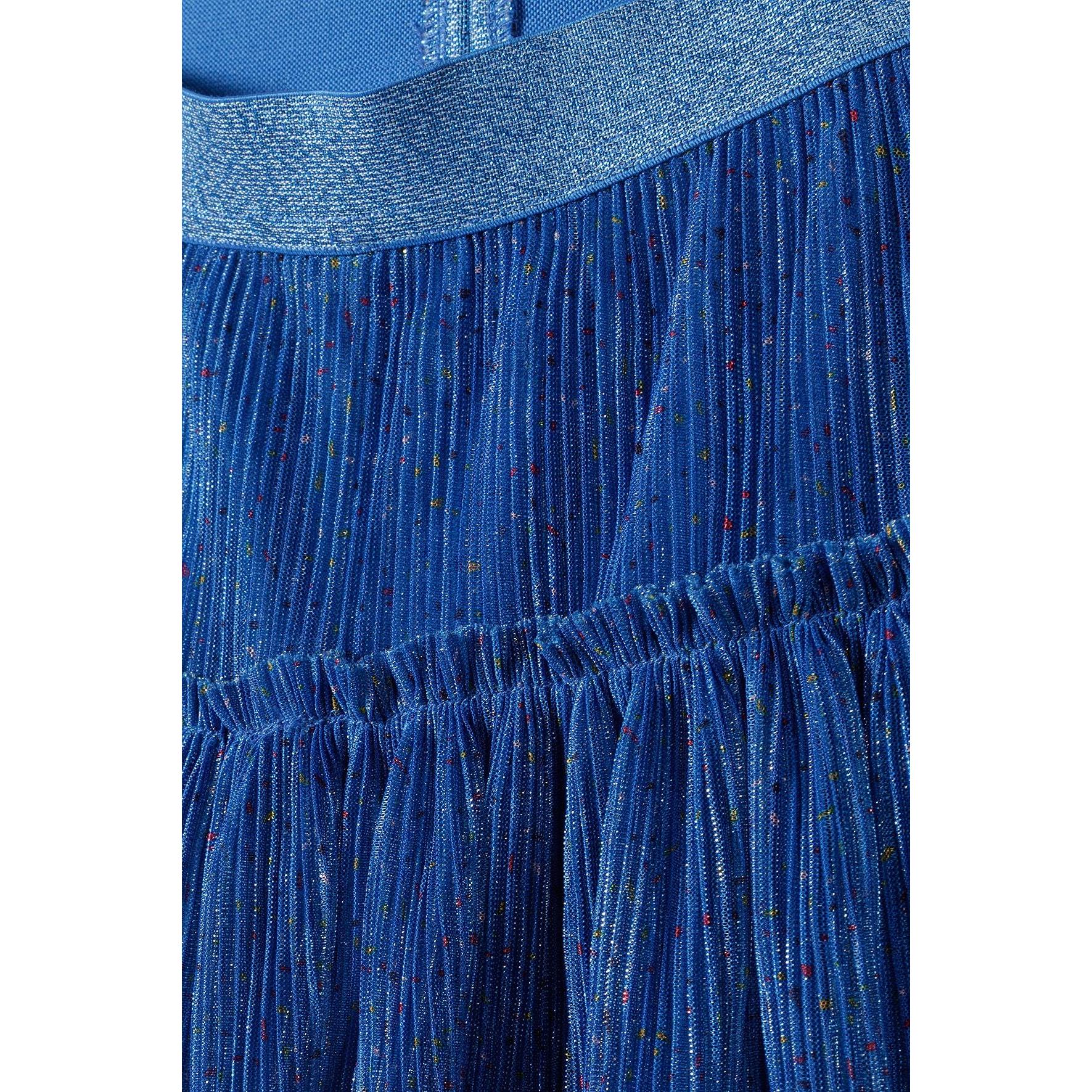 Close-up detail of blue sparkle fabric with glitter threads and pleated texture showing shimmer effect