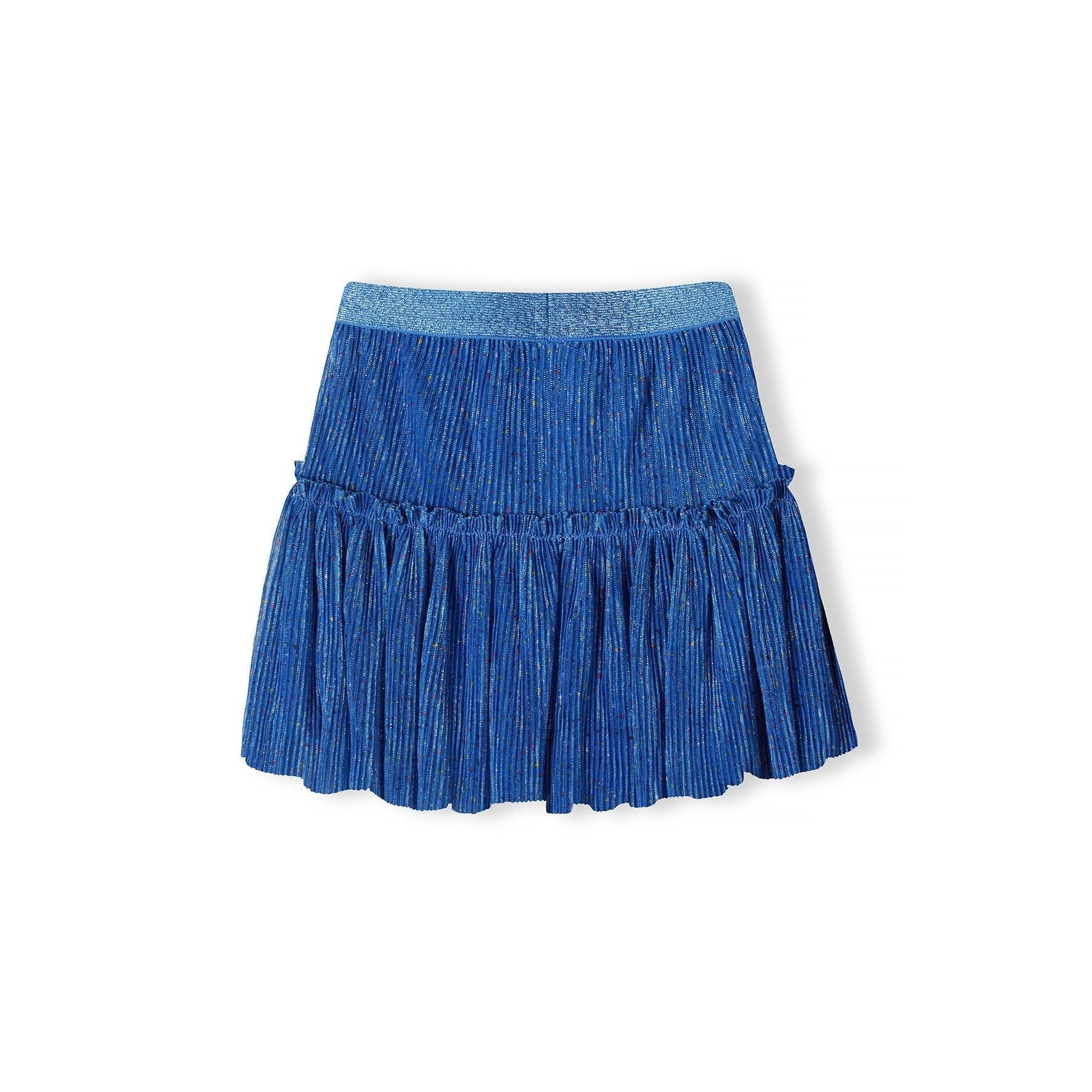 Blue sparkle pleated skirt shown from back view with tiered construction and glitter waistband on white background