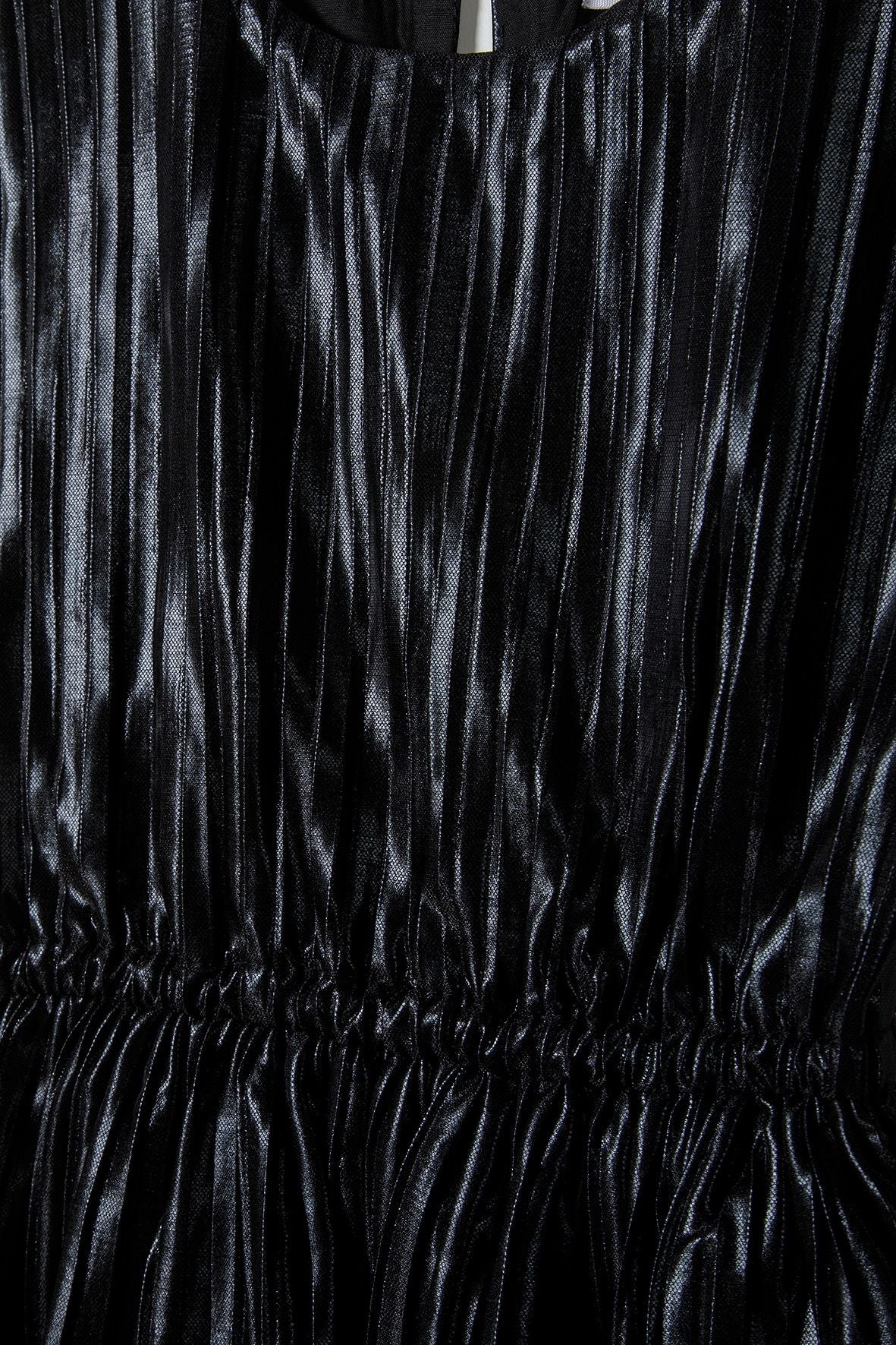 Pleated Metallic Party Dress, Black, Cap Sleeves - 4