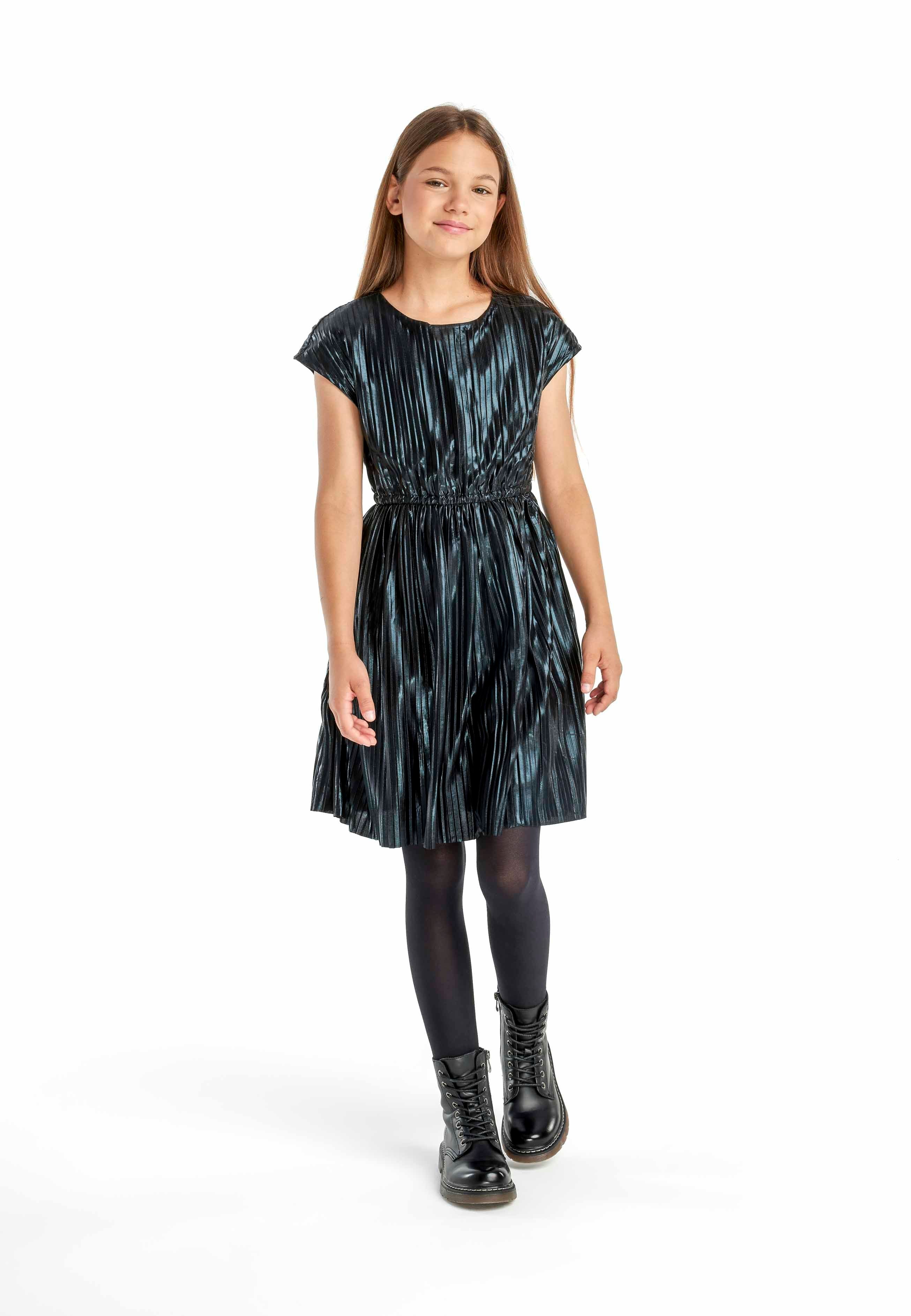 Pleated Metallic Party Dress, Black, Cap Sleeves - 1