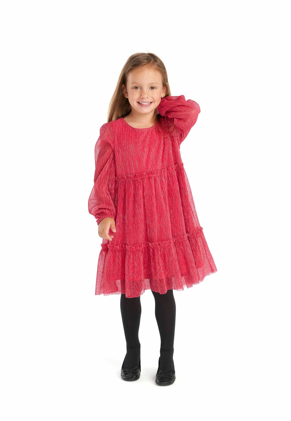Pink sparkly tiered dress, model front.