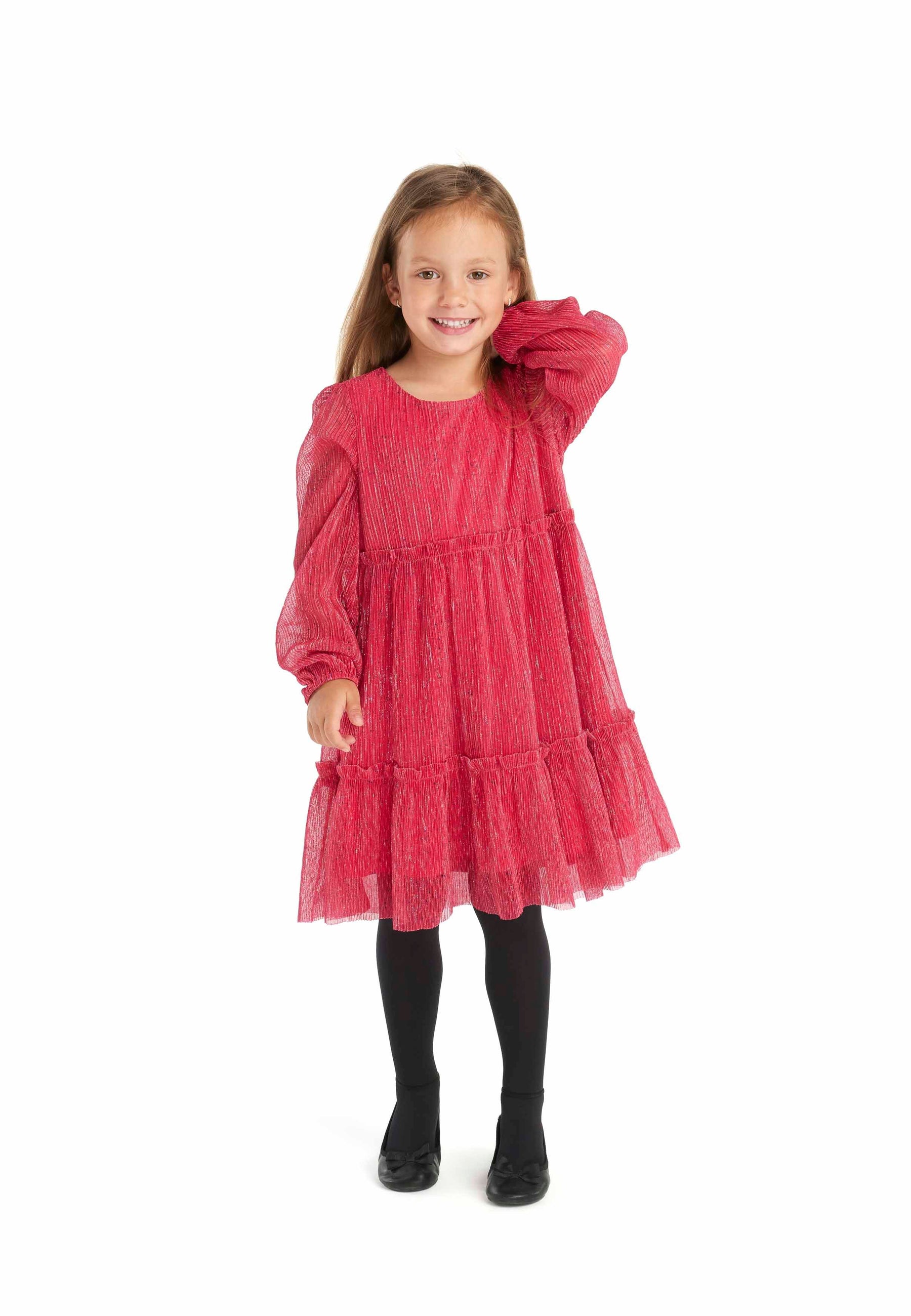 Pleated Party Dress, Pink Sparkle, Long Sleeve - 1