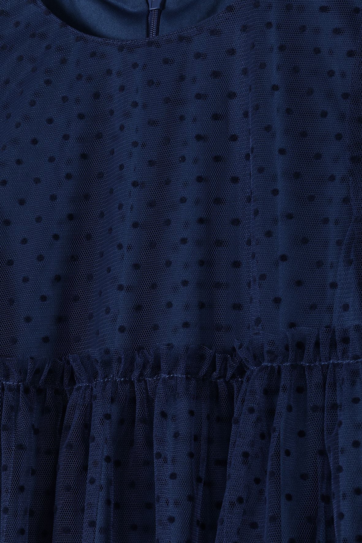 Party Dress Navy Flock Spot, Tiered Tulle, Long Sleeve - 4