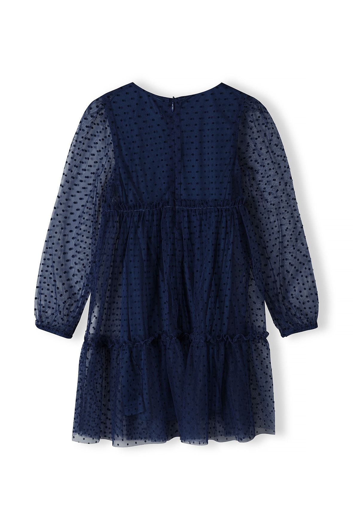 Party Dress Navy Flock Spot, Tiered Tulle, Long Sleeve - 3