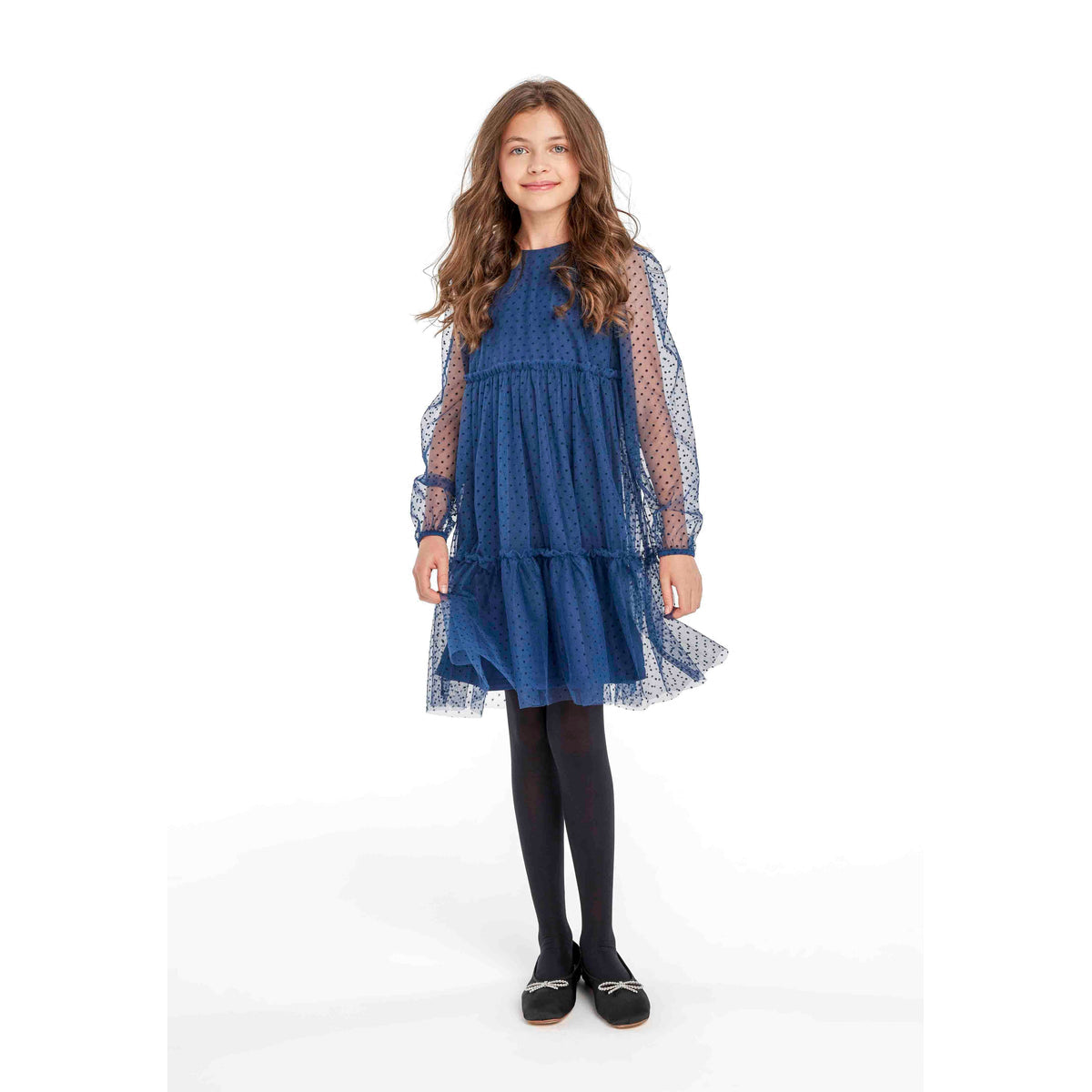 Girls' spot mesh tiered dress in navy — complete product view for square Shop card
