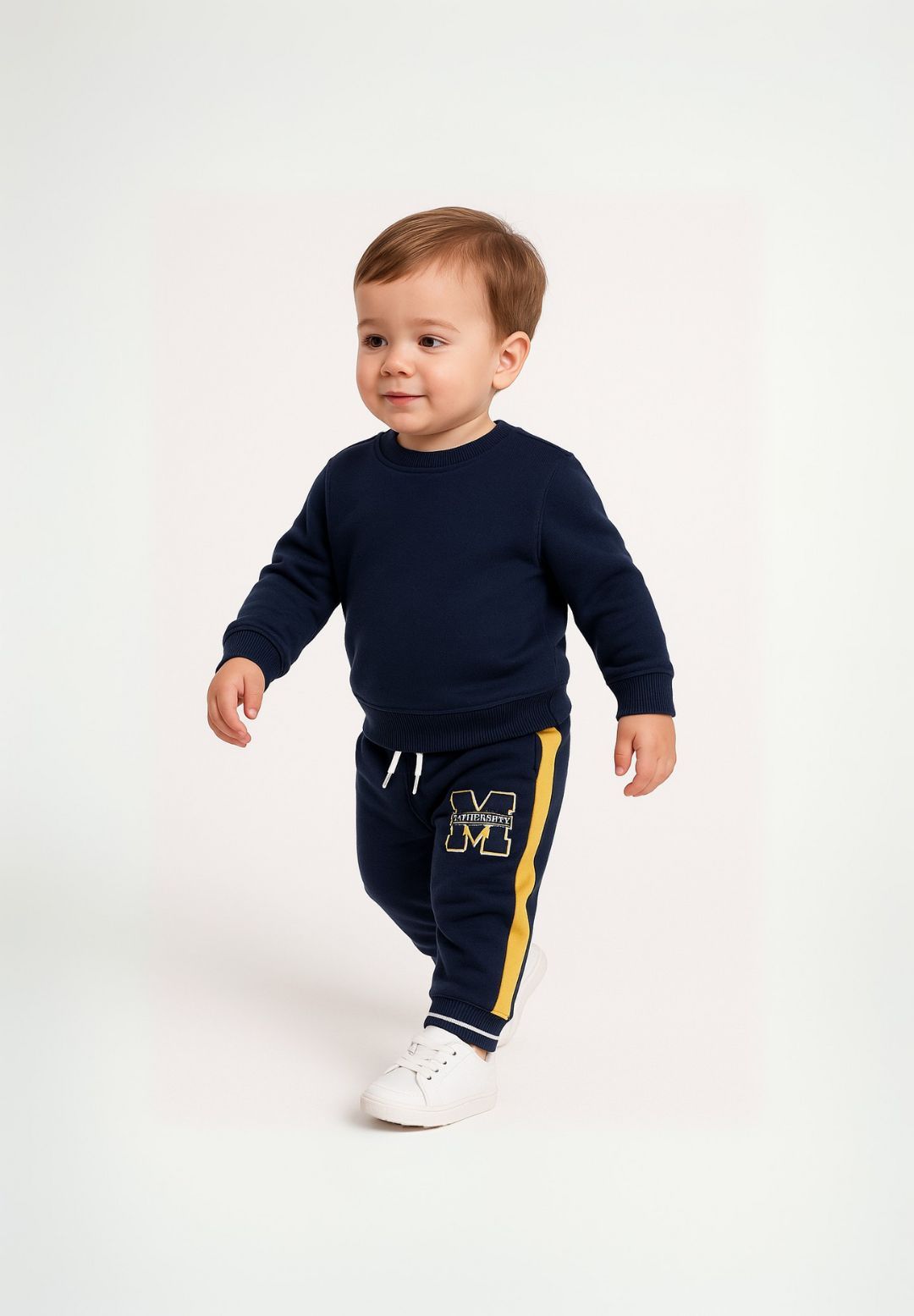 Fleece Sweatpants, Navy Yellow Panels, Striped Cuffs - 1