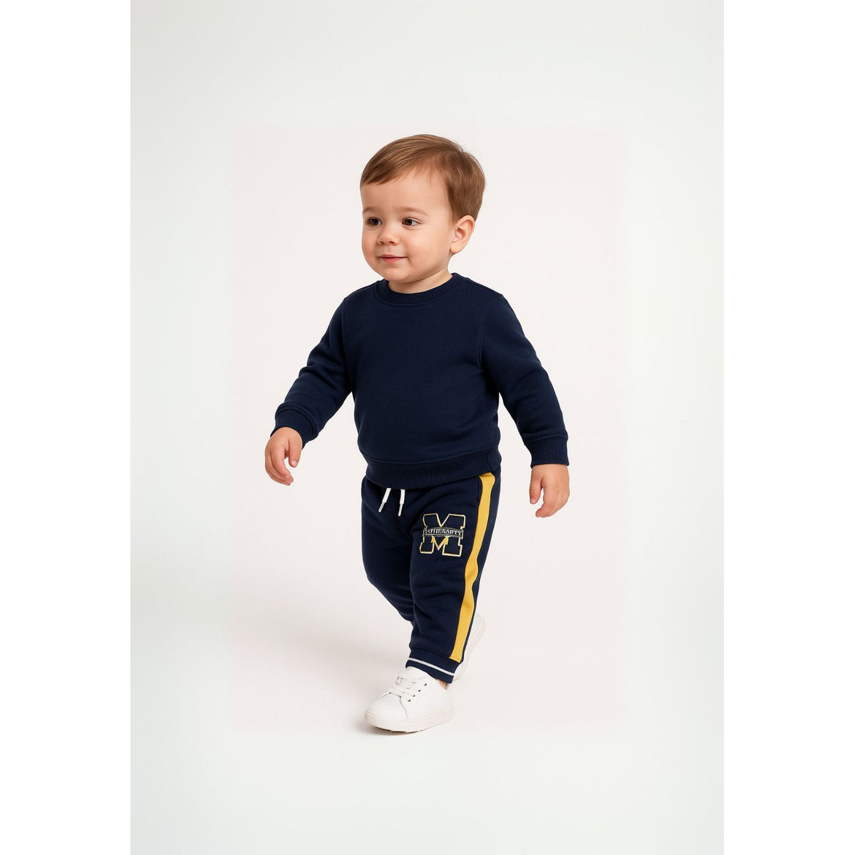 Boys' side stripe joggers in navy and yellow — complete product view for square Shop card