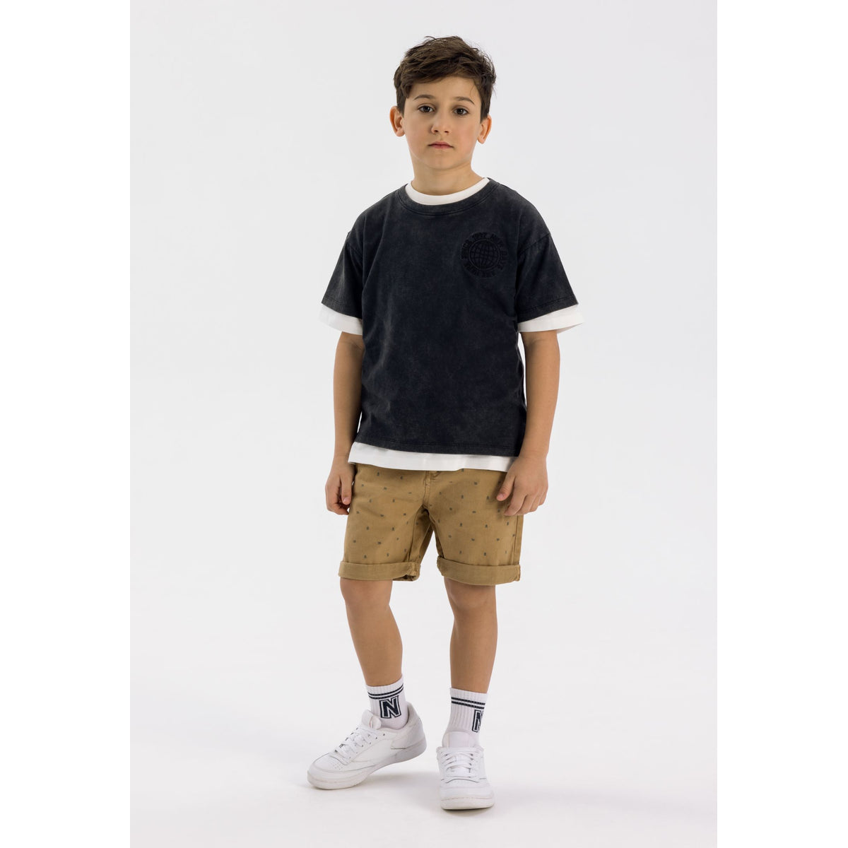 Boys' chino shorts in tan — complete product view for square Shop card