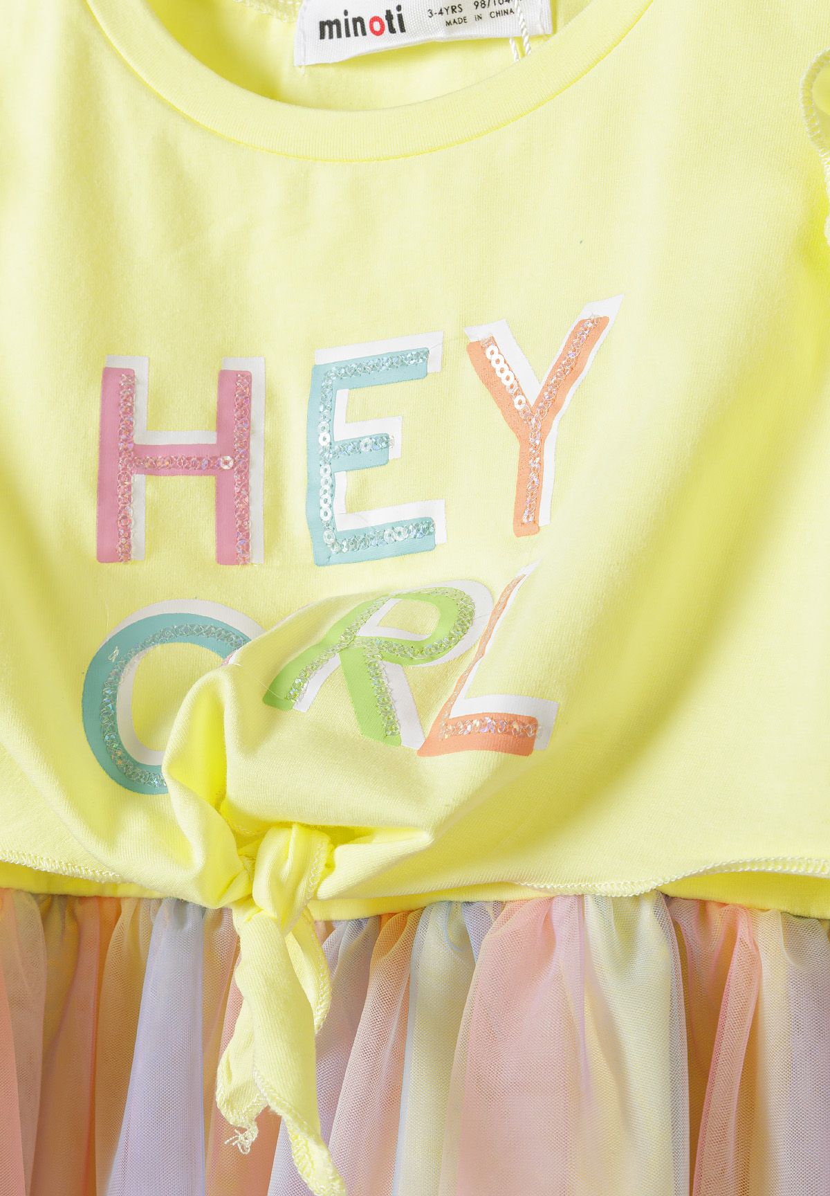 Frill Sleeve Dress, Mesh Rainbow Skirt, Yellow - 4