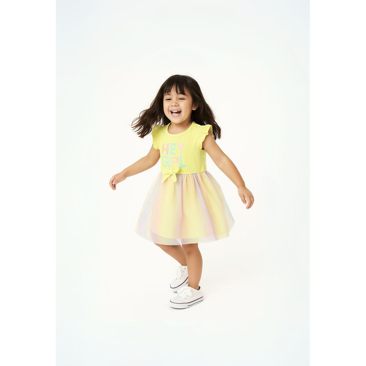 Girls' mesh skirt dress in yellow — complete product view for square Shop card